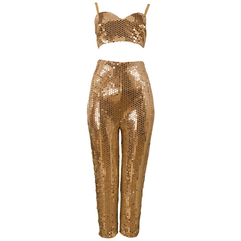 Byblos gold sequin bra top and cigarette pants, 1991, offered by Resurrection