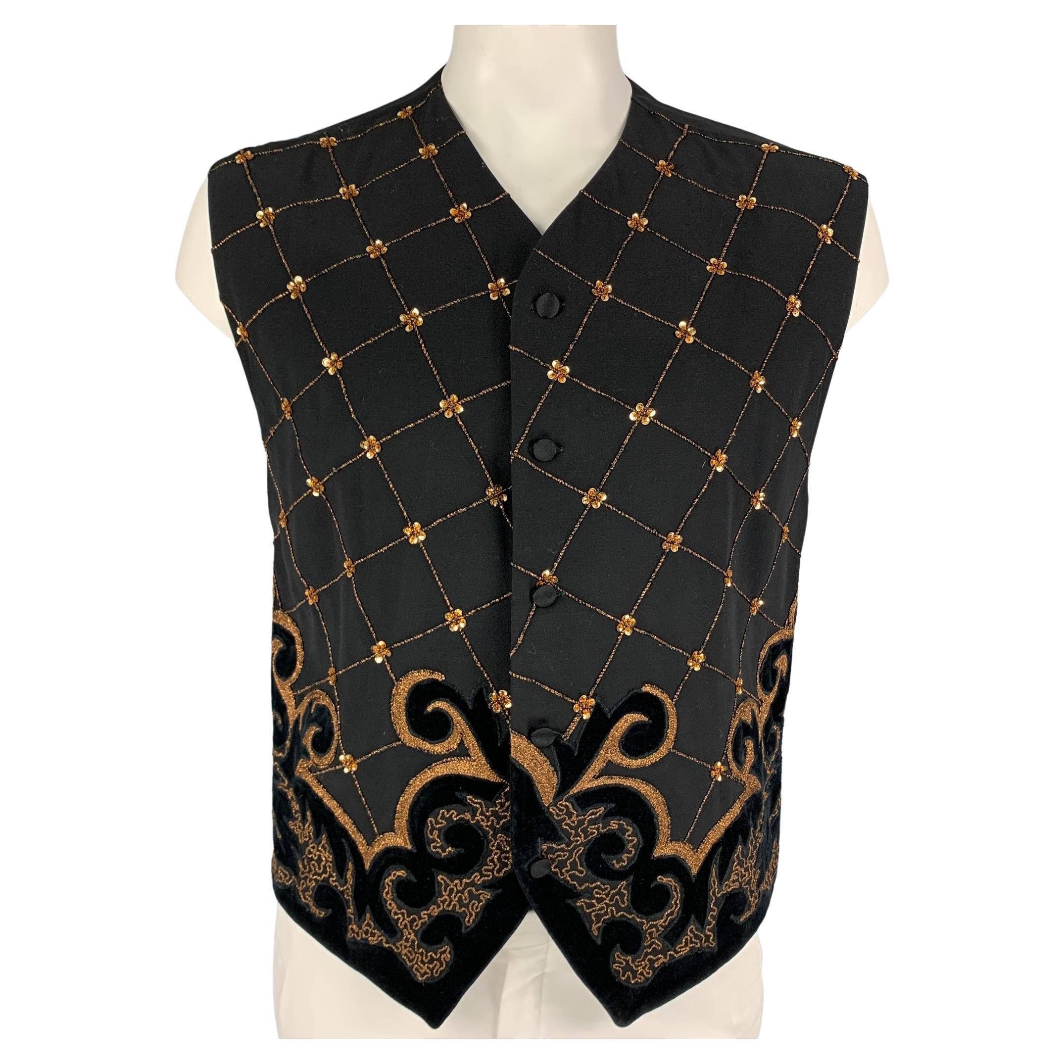 Vintage BYBLOS Size 42 Black Gold Embroidery Wool Buttoned Vest