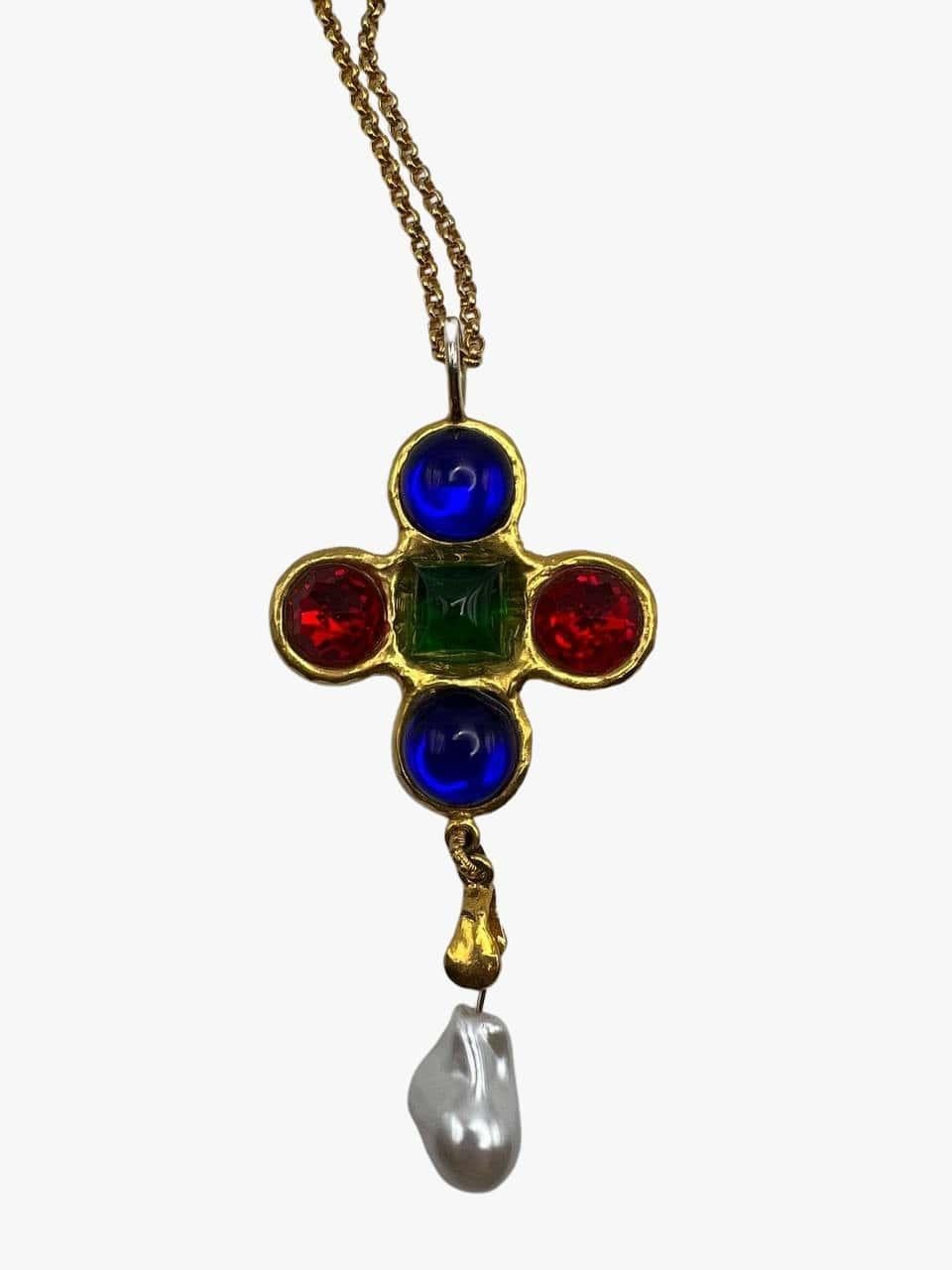 Baroque Vintage Byzantine style Yves Saint Laurent cross pendant with cabochons, 1980s
