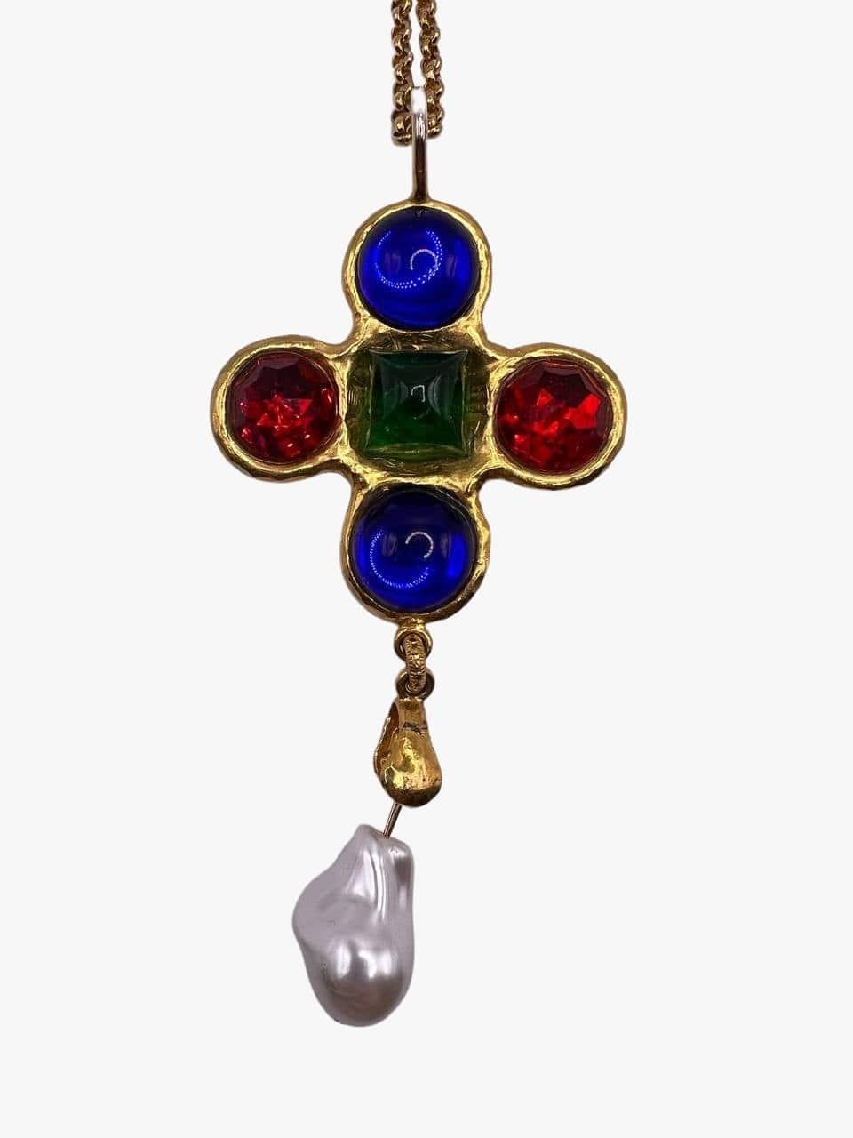 Vintage Byzantine style Yves Saint Laurent cross pendant with cabochons, 1980s 1