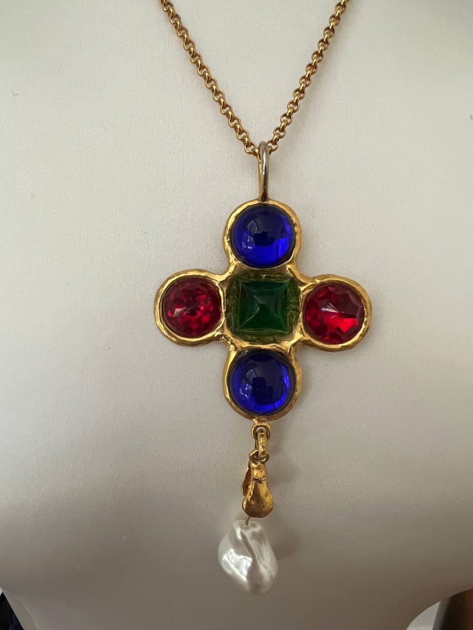 Vintage Byzantine style Yves Saint Laurent cross pendant with cabochons, 1980s In Good Condition In New York, NY