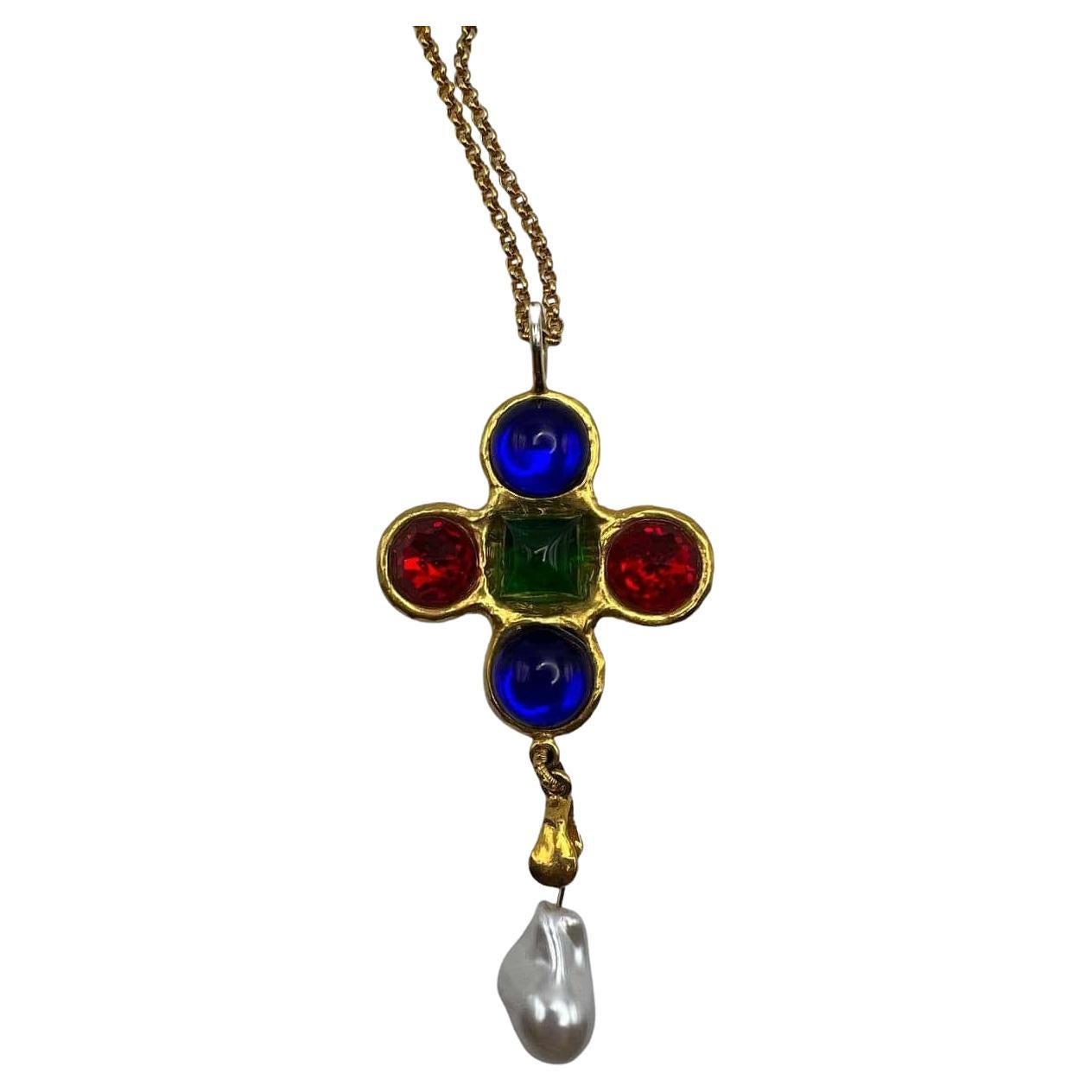 Vintage Byzantine style Yves Saint Laurent cross pendant with cabochons, 1980s