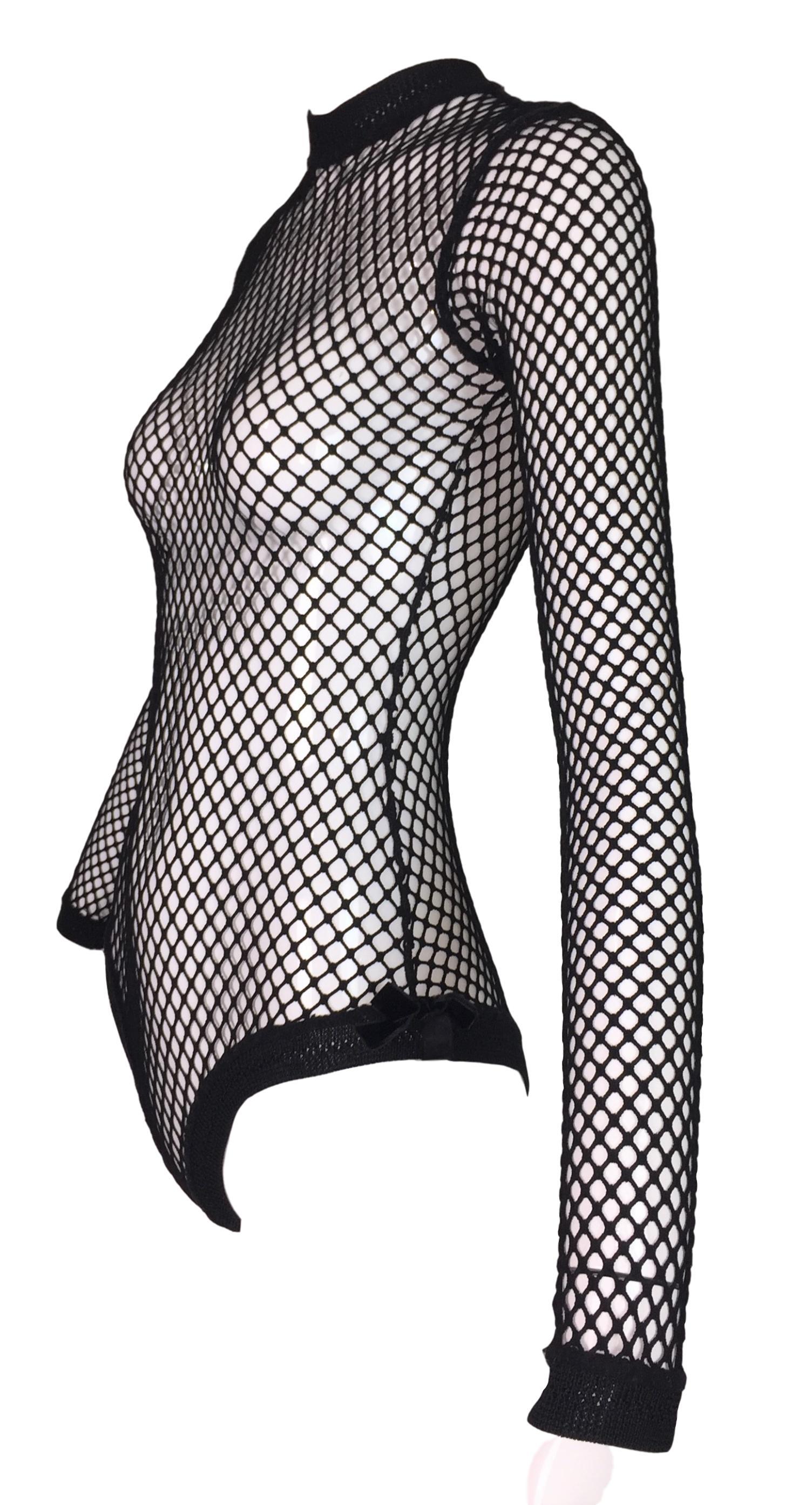 Vintage C. 1993 Jean Paul Gaultier Pin-Up Black Fishnet Mesh Bow Bodysuit Top In Excellent Condition In Yukon, OK