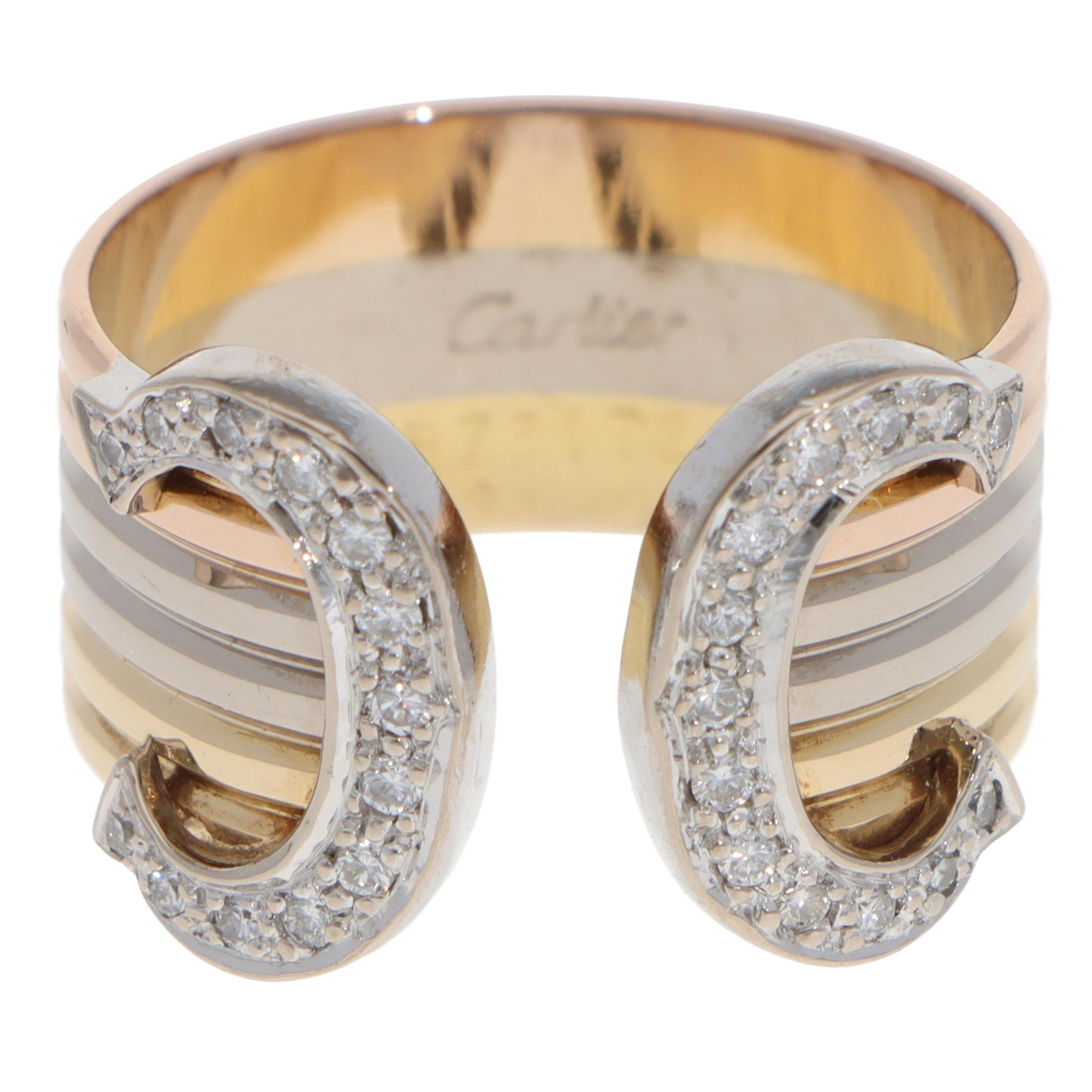 Brilliant Cut Vintage C de Cartier Diamond Open Band Ring in Gold, Size 56 For Sale