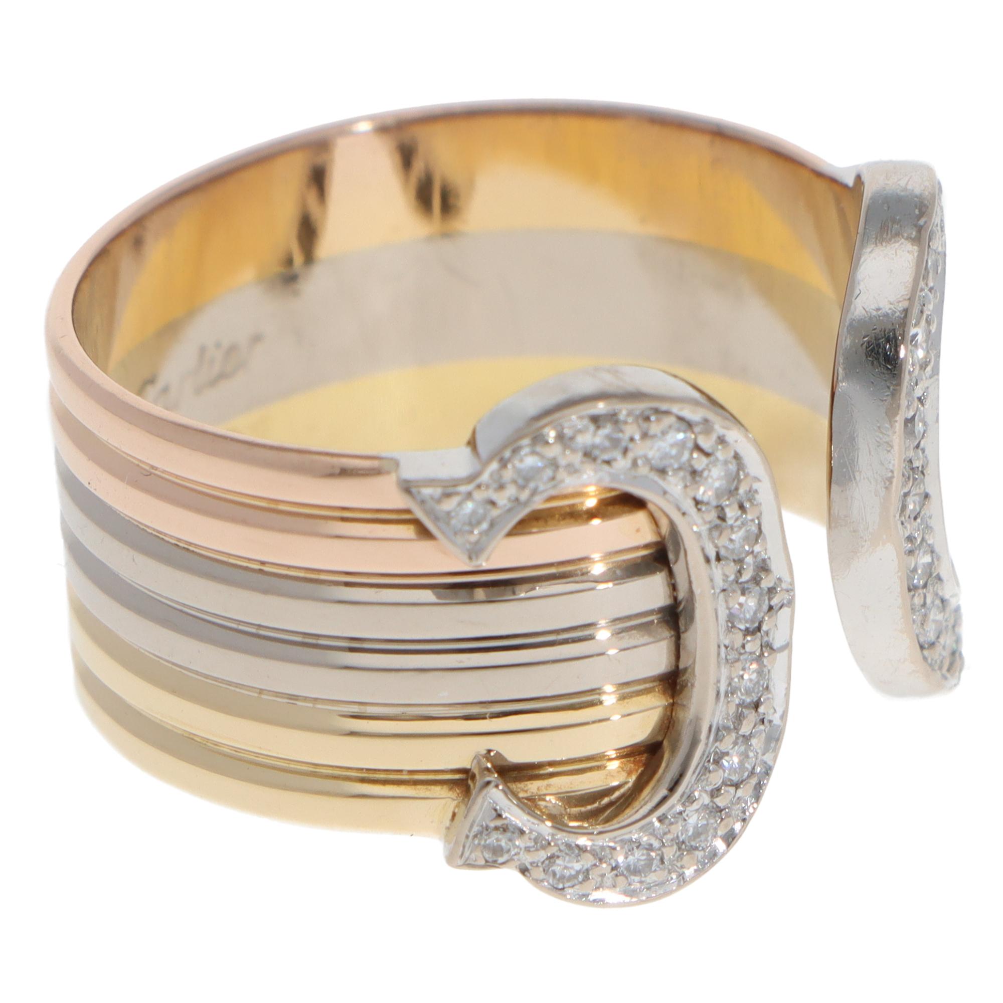Vintage C de Cartier Diamond Open Band Ring in Gold, Size 56 In Excellent Condition For Sale In London, GB