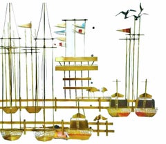 Vintage C. Jere Sailboats Dock Harbor Nautical Brass Metal Wall Art Sculpture