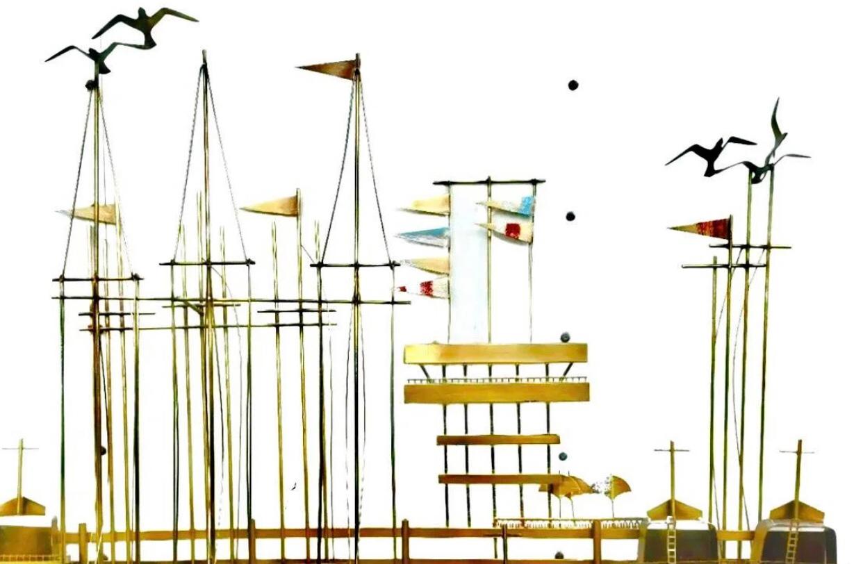 Vintage C. Jere Veleros Muelle Puerto Náutico Latón Metal Art Escultura de Pared Moderno de mediados de siglo