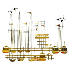 A.I.C.C. Sailboats Dock Harbor Nautical Brass Metal Wall Art Sculpture