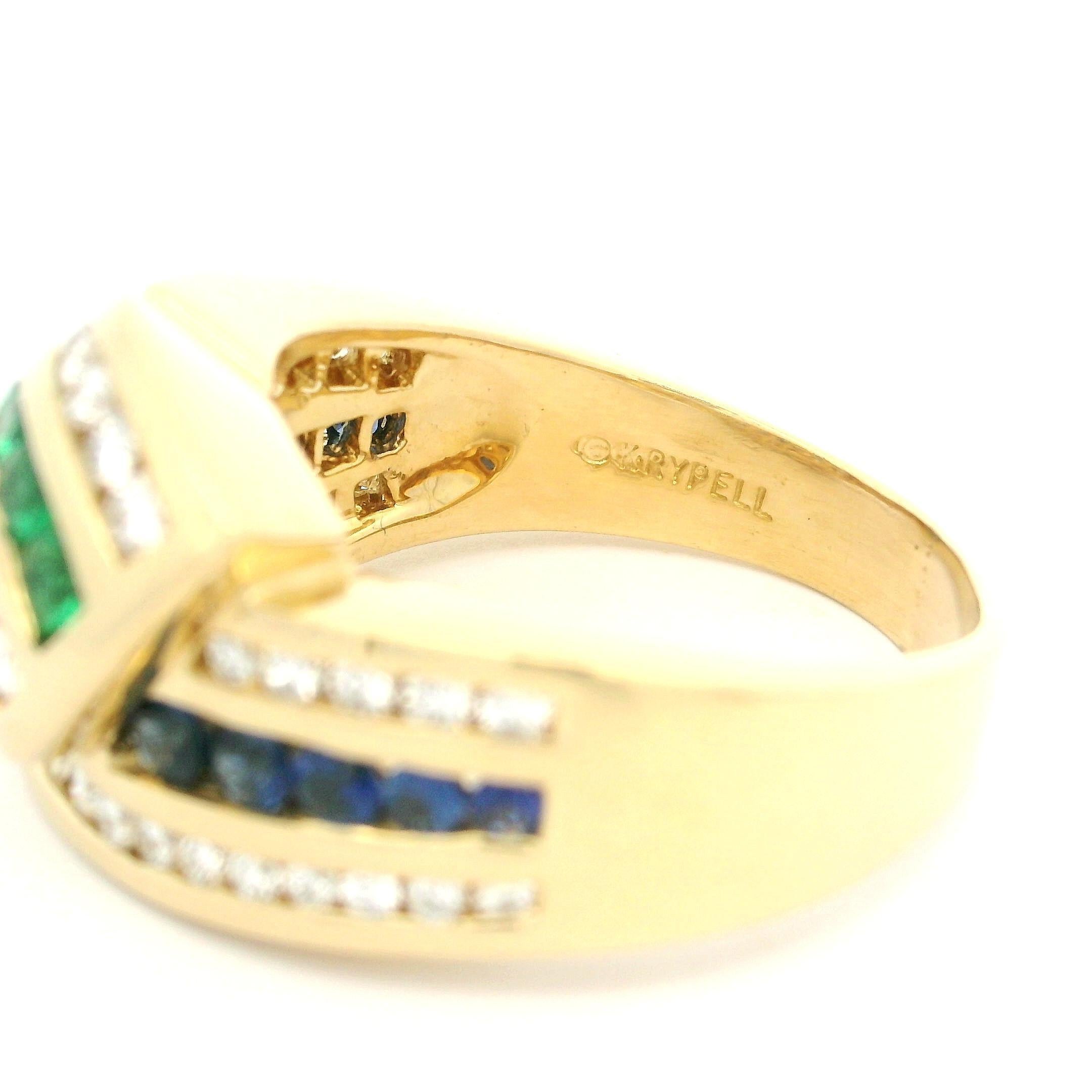 Brilliant Cut Vintage C. Krypell 18k Gold 1.4ctw Emerald Sapphire & Diamond Wide Band Ring