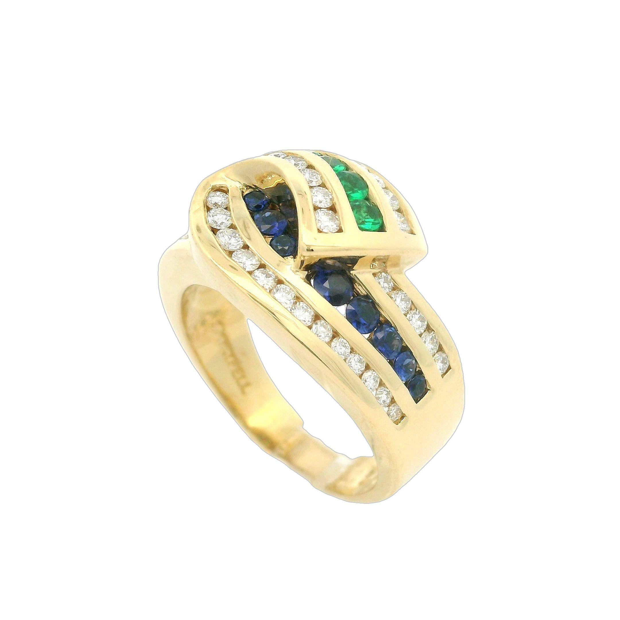 Vintage C. Krypell 18k Gold 1.4ctw Emerald Sapphire & Diamond Wide Band Ring In Excellent Condition In Montclair, NJ
