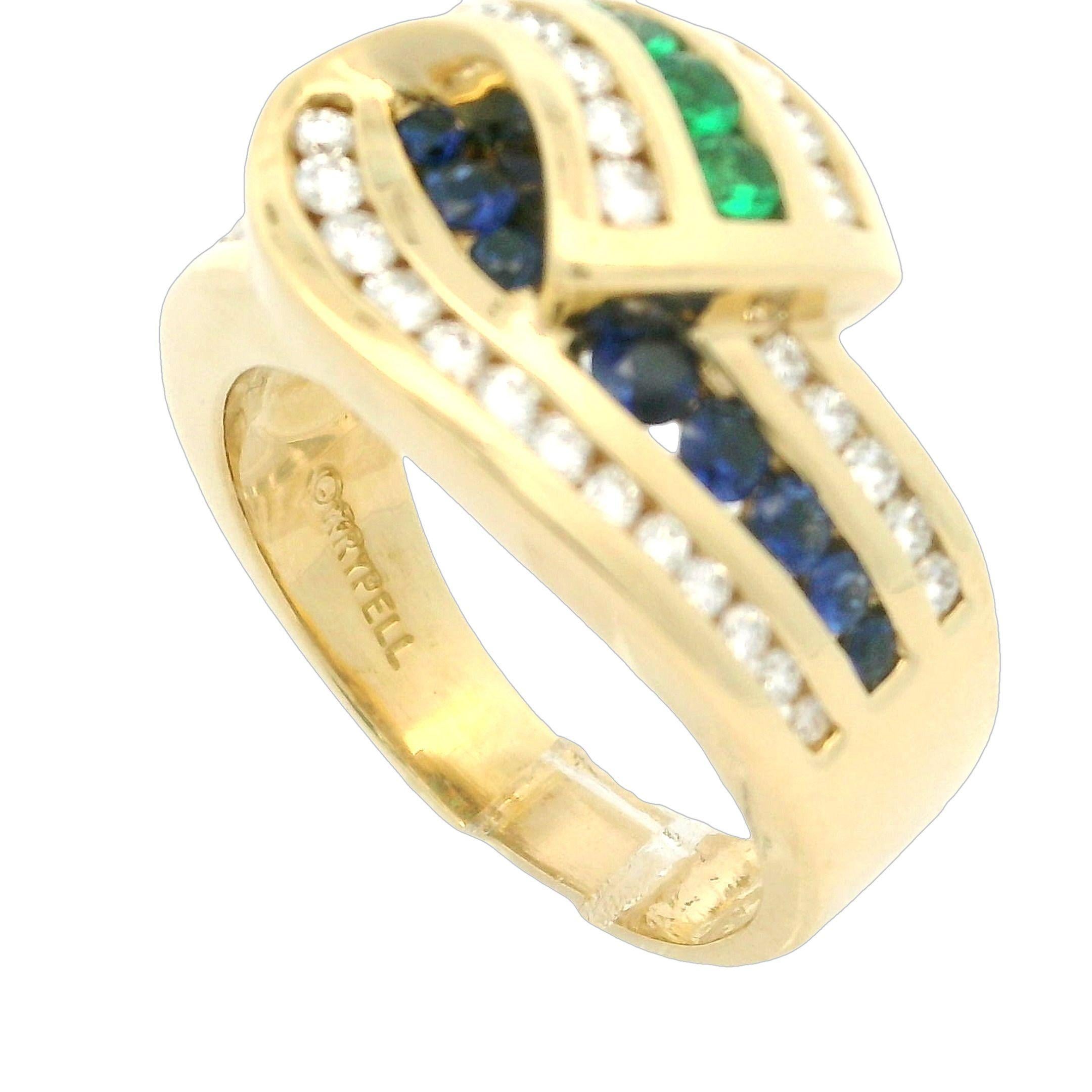Women's Vintage C. Krypell 18k Gold 1.4ctw Emerald Sapphire & Diamond Wide Band Ring