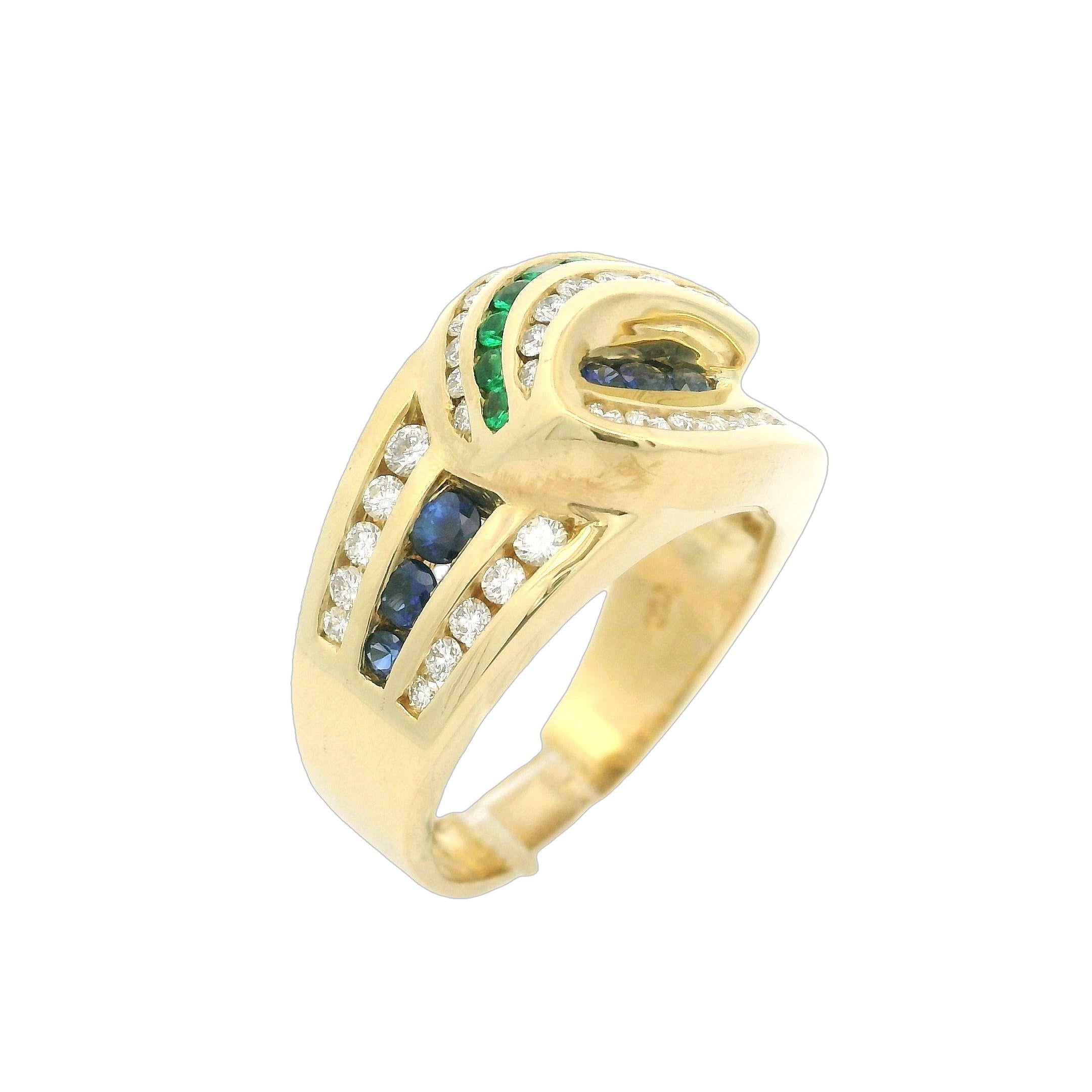 Vintage C. Krypell 18k Gold 1.4ctw Emerald Sapphire & Diamond Wide Band Ring 1