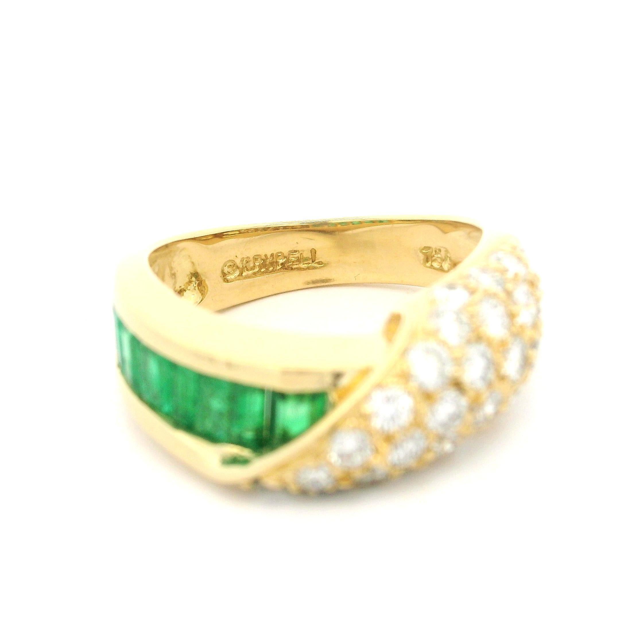 Baguette Cut Vintage C. Krypell 18k Yellow Gold Emerald & Fold Over Diamond Covered Band Ring For Sale