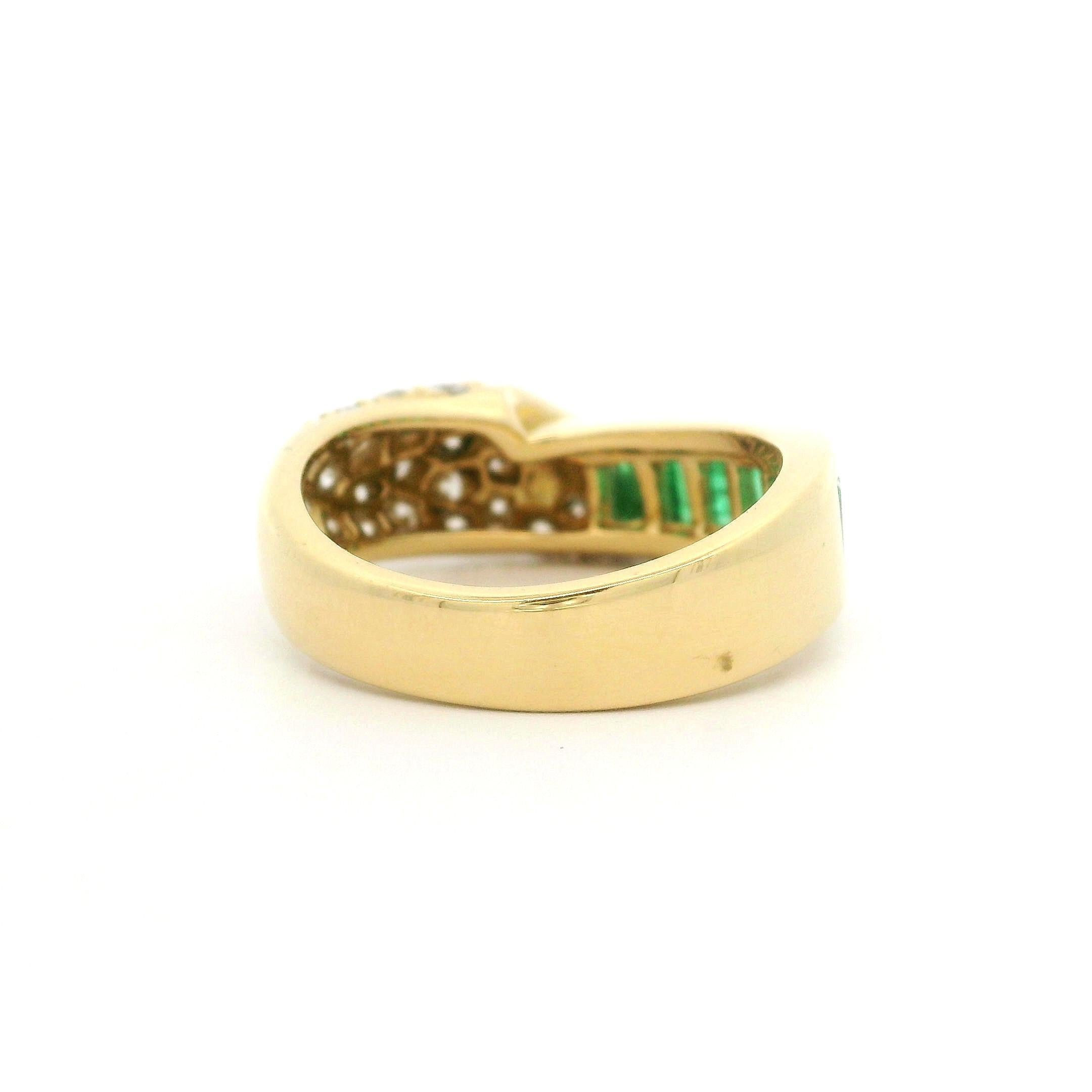 Vintage C. Krypell 18k Yellow Gold Emerald & Fold Over Diamond Covered Band Ring For Sale 4