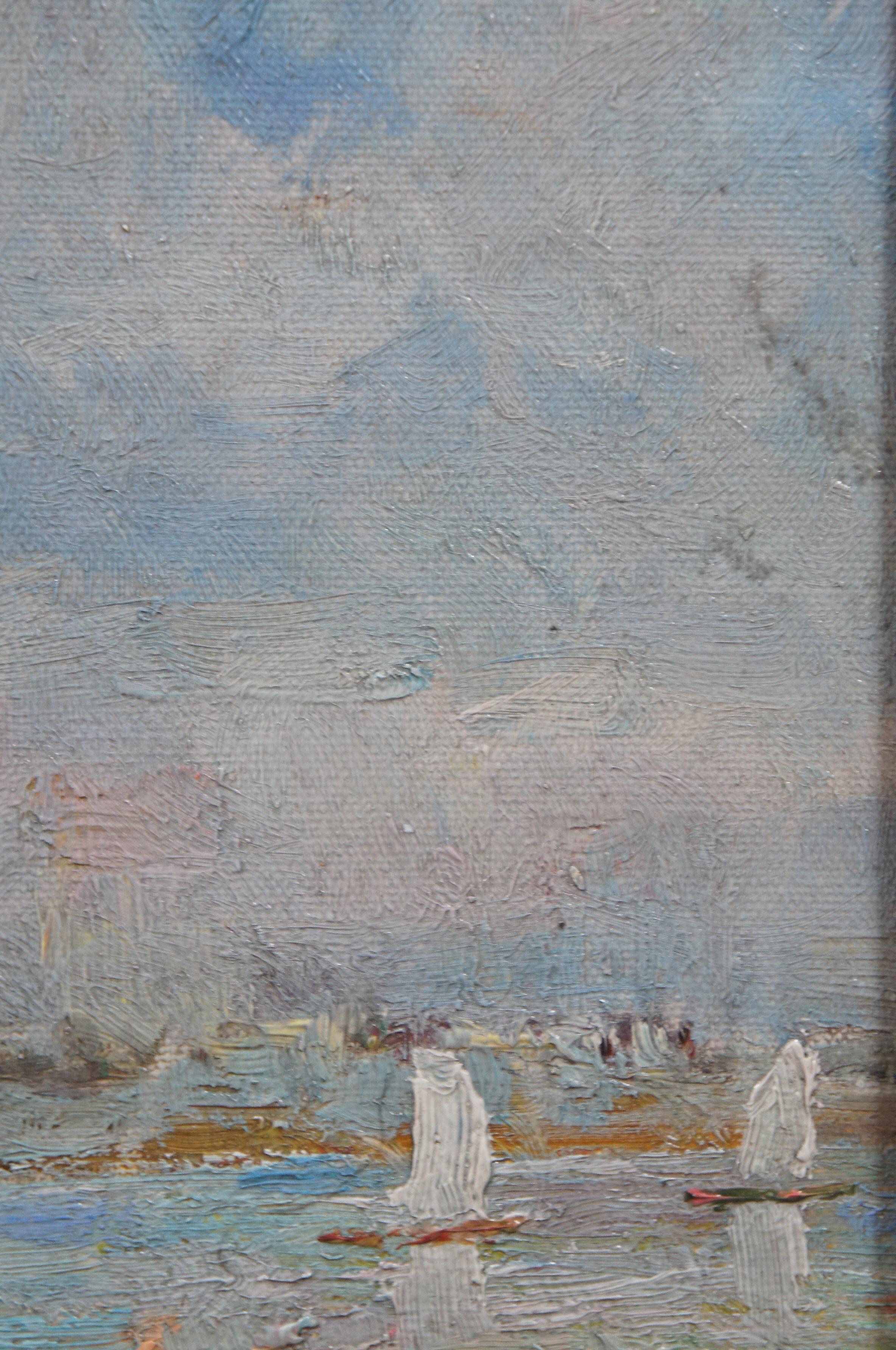 Vintage C. Parkson Original Oil Painting on Canvas Impressionist Landscape Boats 6