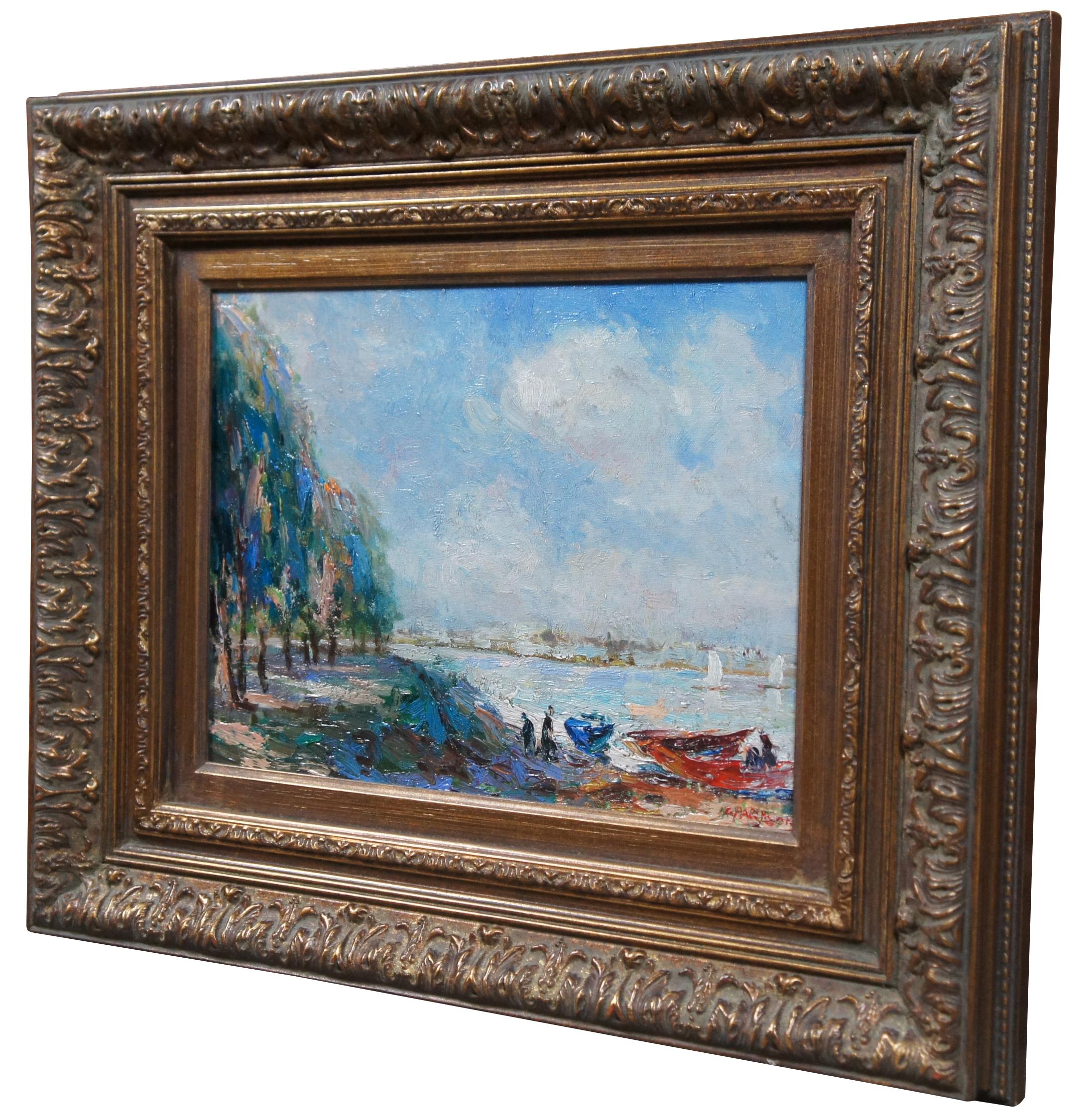 Vintage impressionist oil on canvas landscape painting showing a tree lined riverbank with figures and boats, signed in lower corner C. Parkson.

Measures: 24.75” x 2.25” x 20.75” / Sans Frame - 15.25” x 11.25” (Width x Depth x Height).