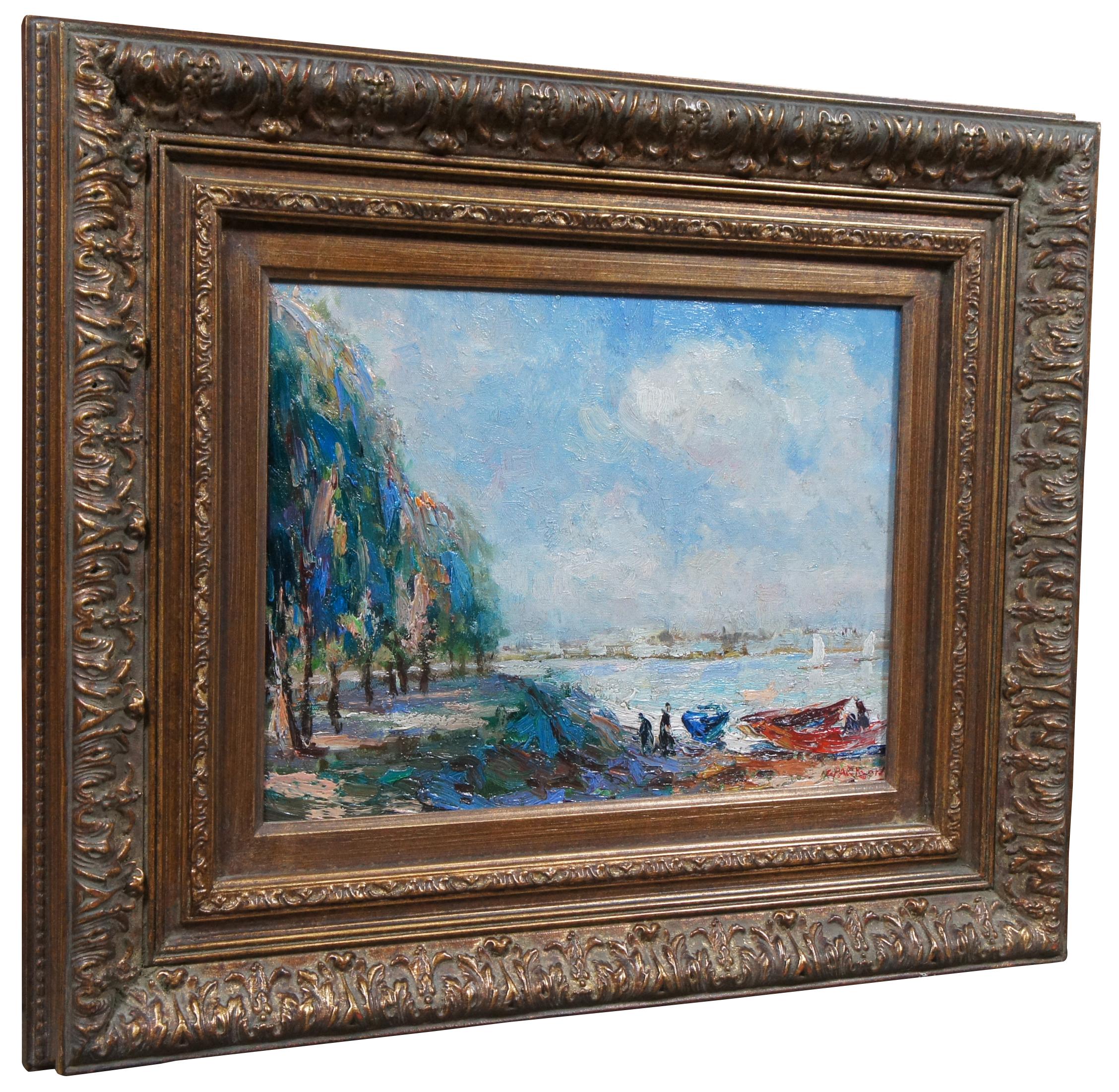 Expressionist Vintage C. Parkson Original Oil Painting on Canvas Impressionist Landscape Boats