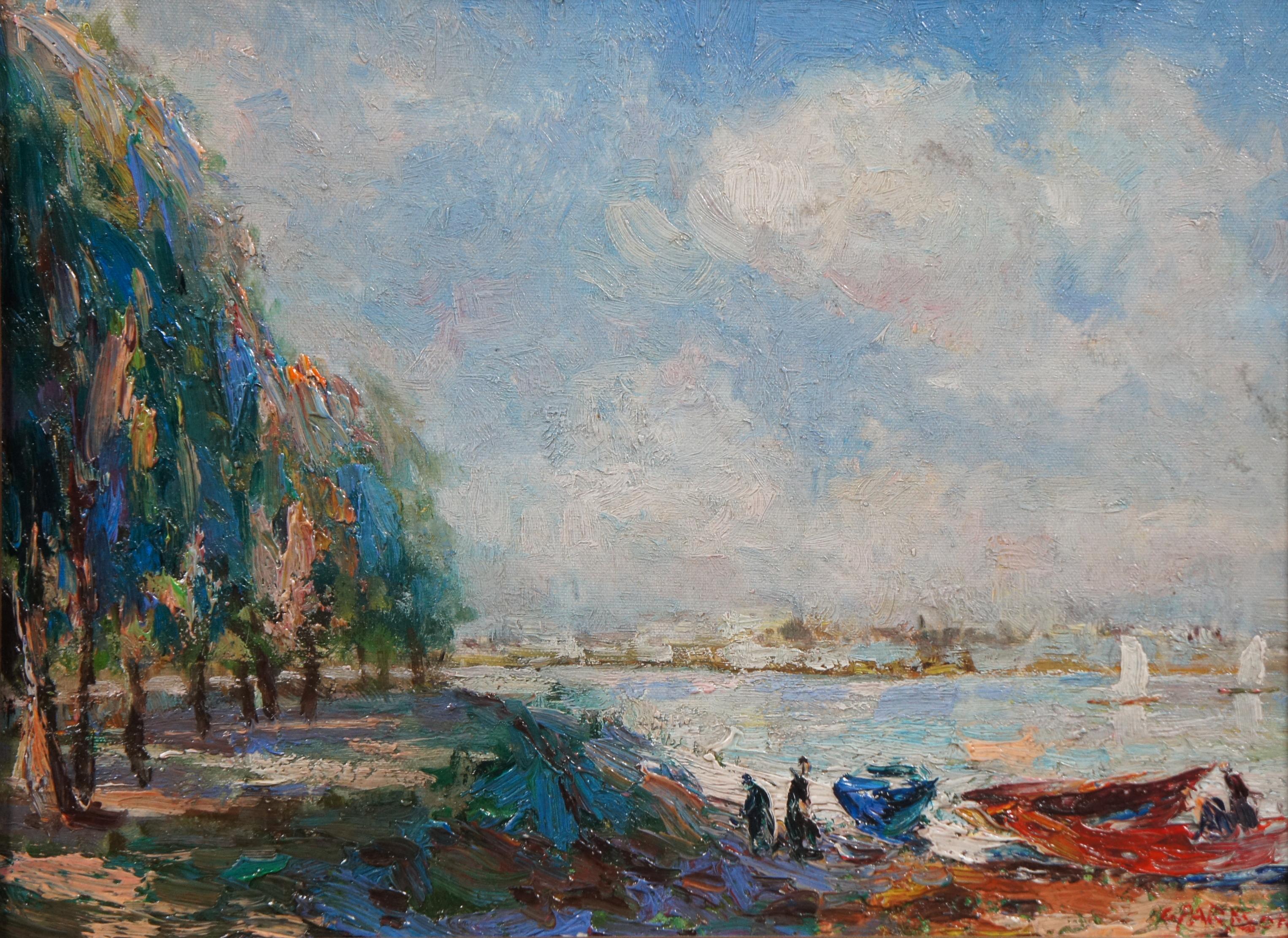 Vintage C. Parkson Original Oil Painting on Canvas Impressionist Landscape Boats 1