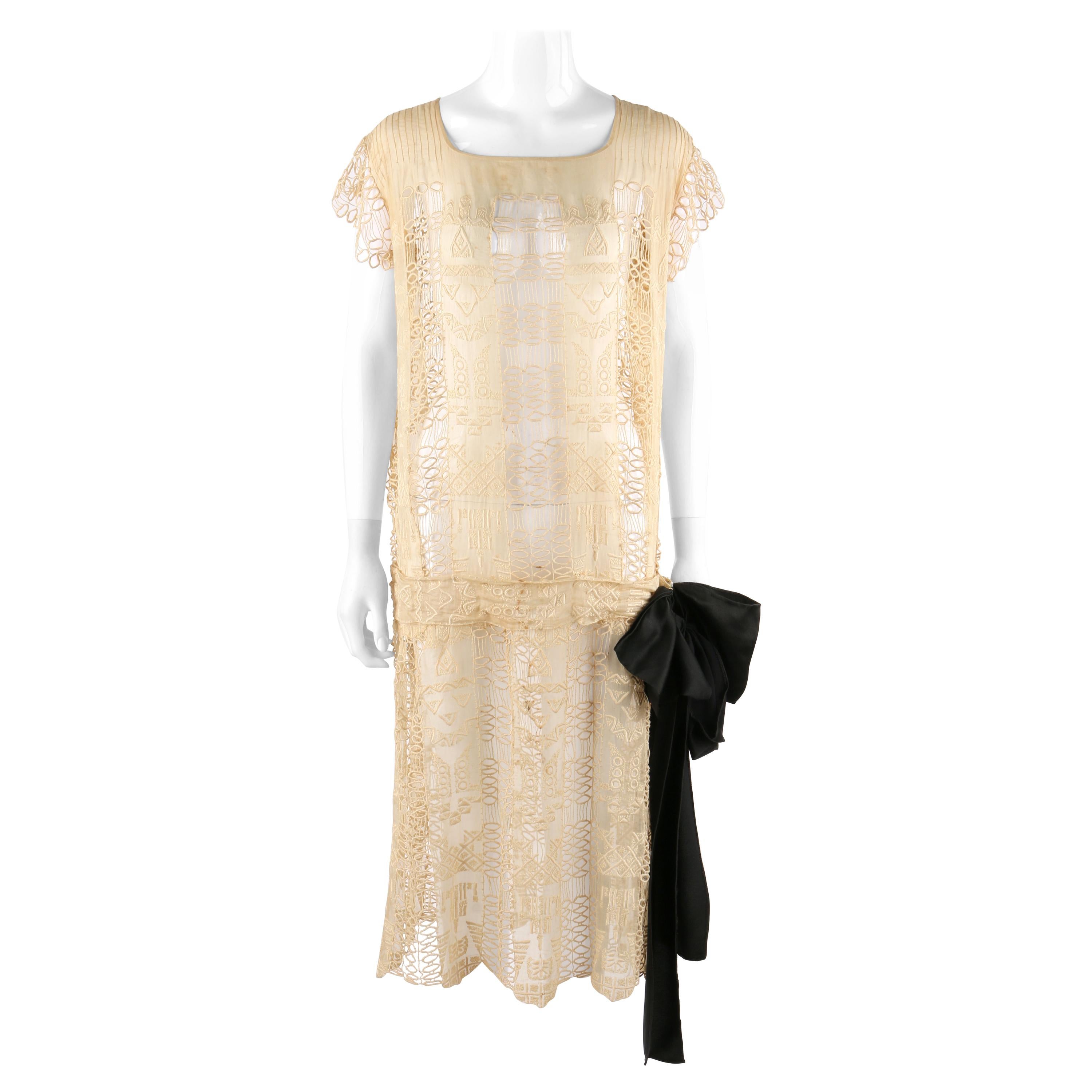 VINTAGE c.1920’s Drop Waist Belted Black Bow Ivory Lace Sheer Cotton Shift Dress