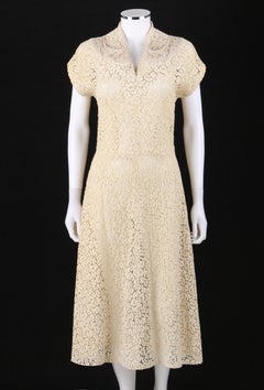 VINTAGE c.1940’s Ivory Tan Cotton Lace Beaded Applique Vent V-Neck Midi Dress