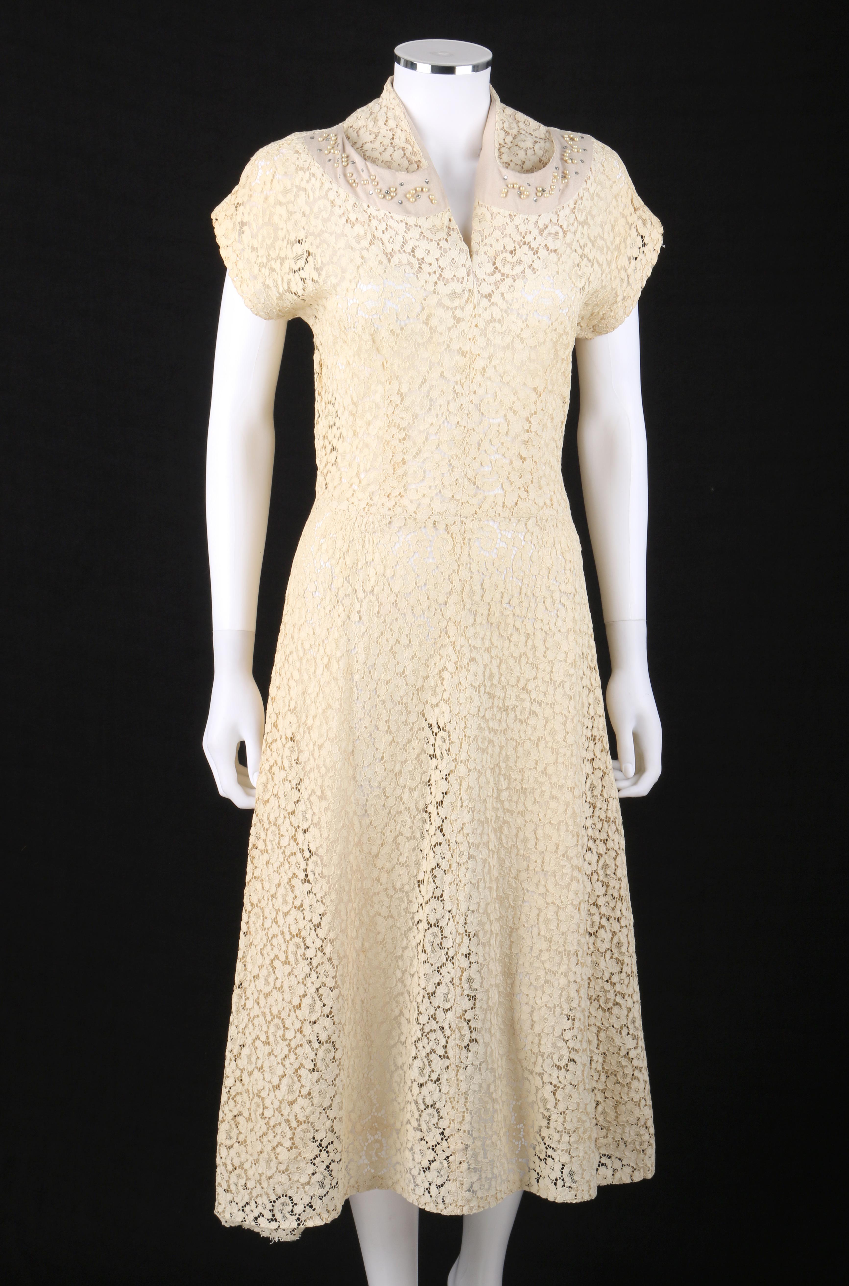 White VINTAGE c.1940’s Ivory Tan Cotton Lace Beaded Applique Vent V-Neck Midi Dress  