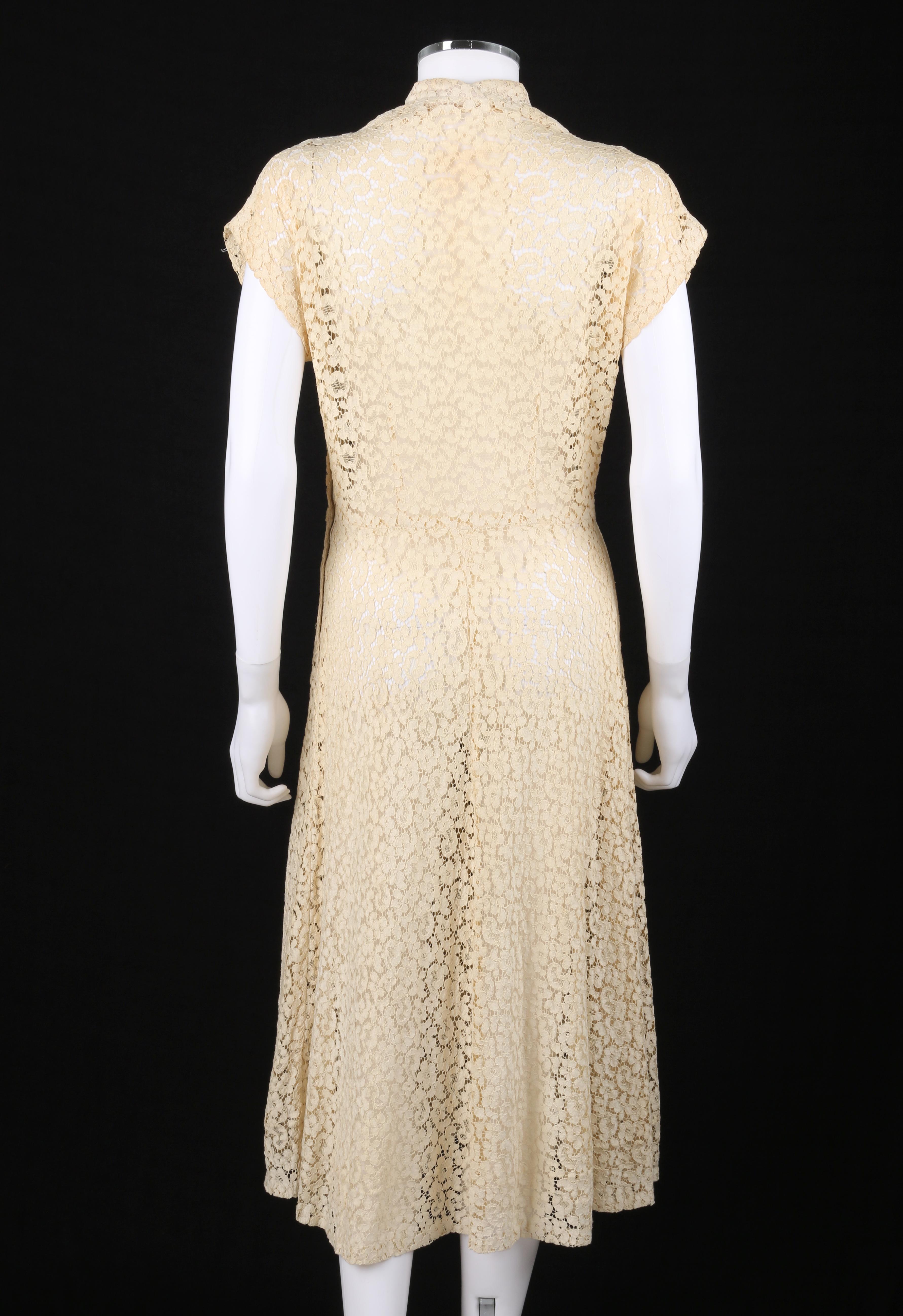 Women's VINTAGE c.1940’s Ivory Tan Cotton Lace Beaded Applique Vent V-Neck Midi Dress  