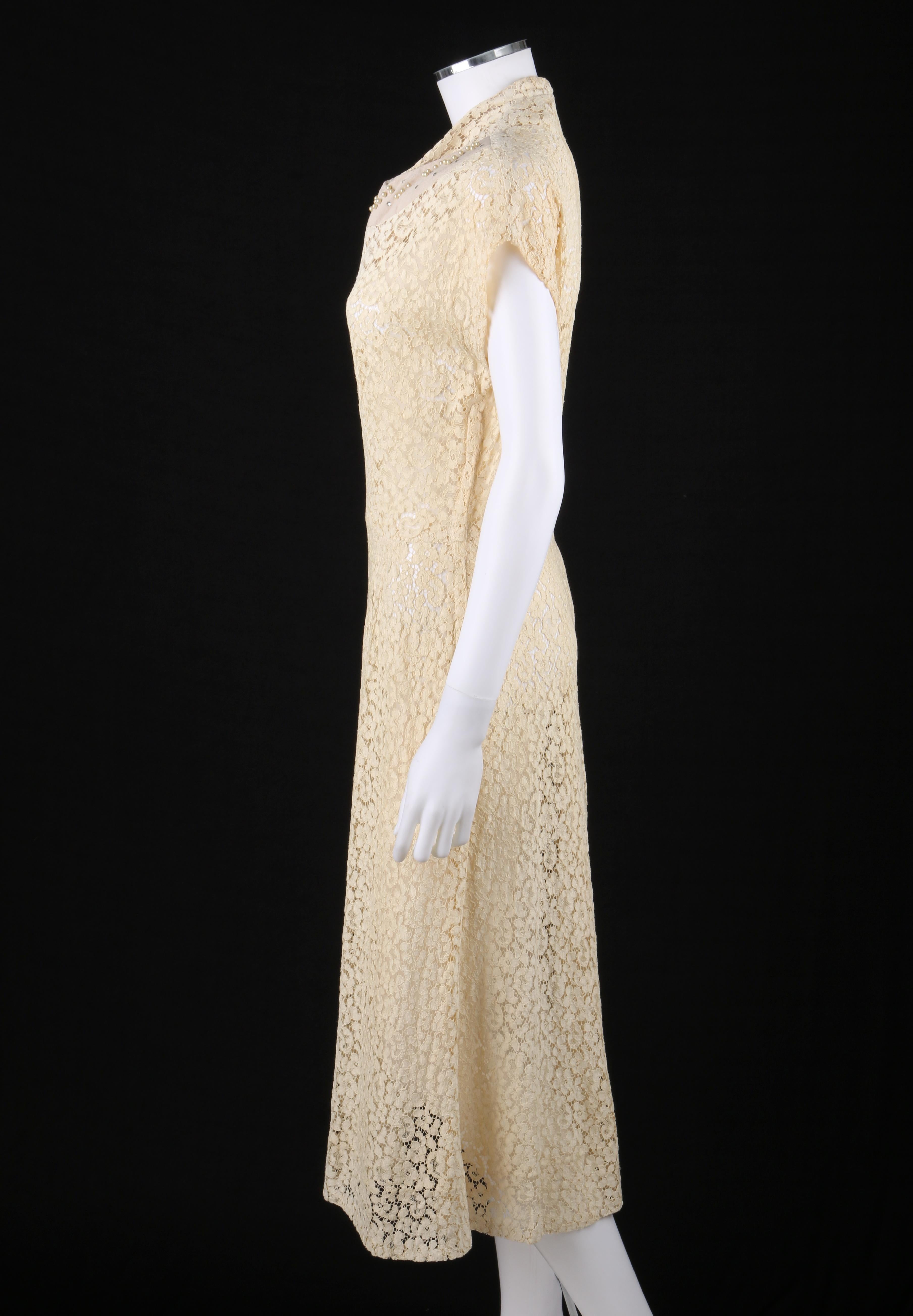 VINTAGE c.1940’s Ivory Tan Cotton Lace Beaded Applique Vent V-Neck Midi Dress   1