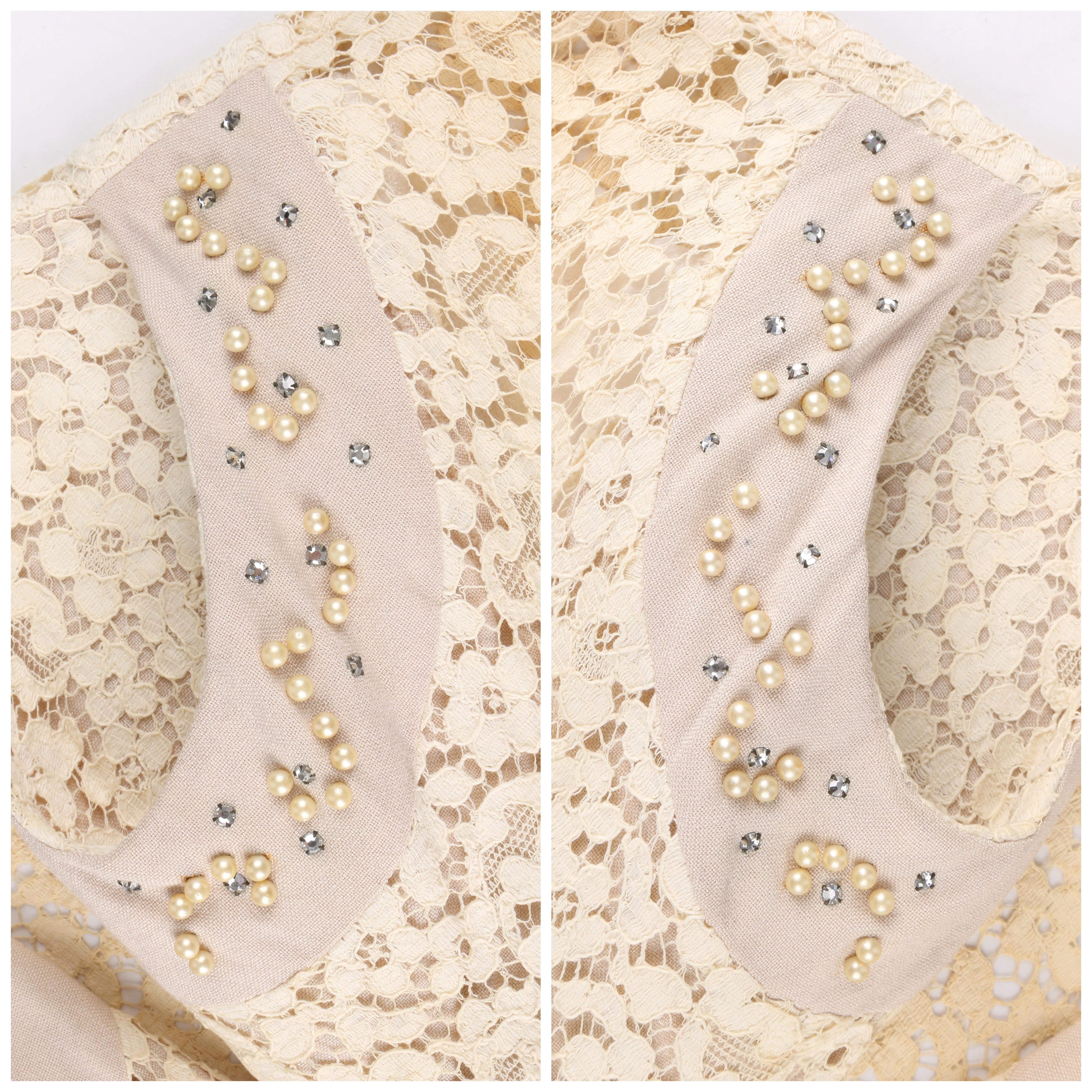VINTAGE c.1940’s Ivory Tan Cotton Lace Beaded Applique Vent V-Neck Midi Dress   2