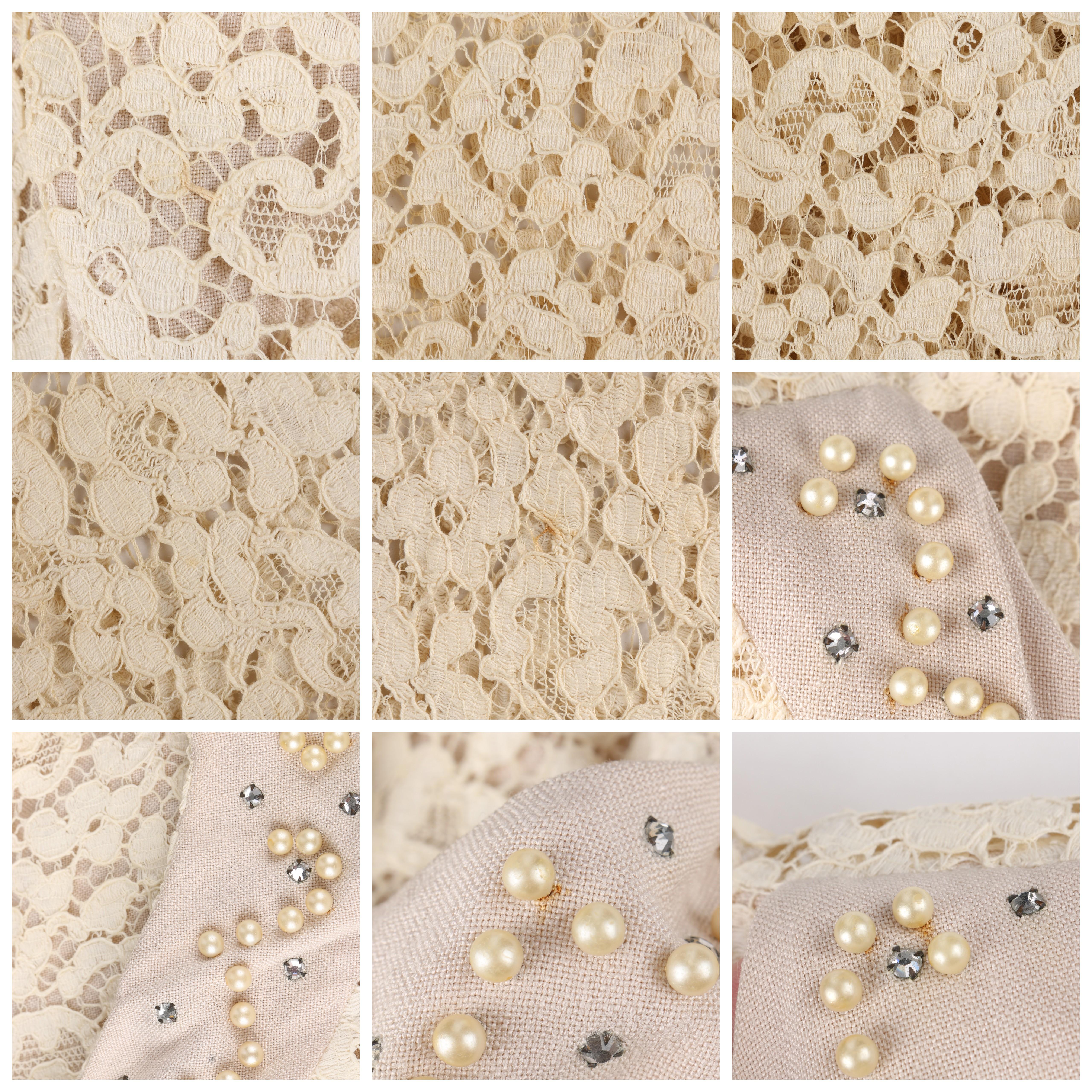 VINTAGE c.1940’s Ivory Tan Cotton Lace Beaded Applique Vent V-Neck Midi Dress   3