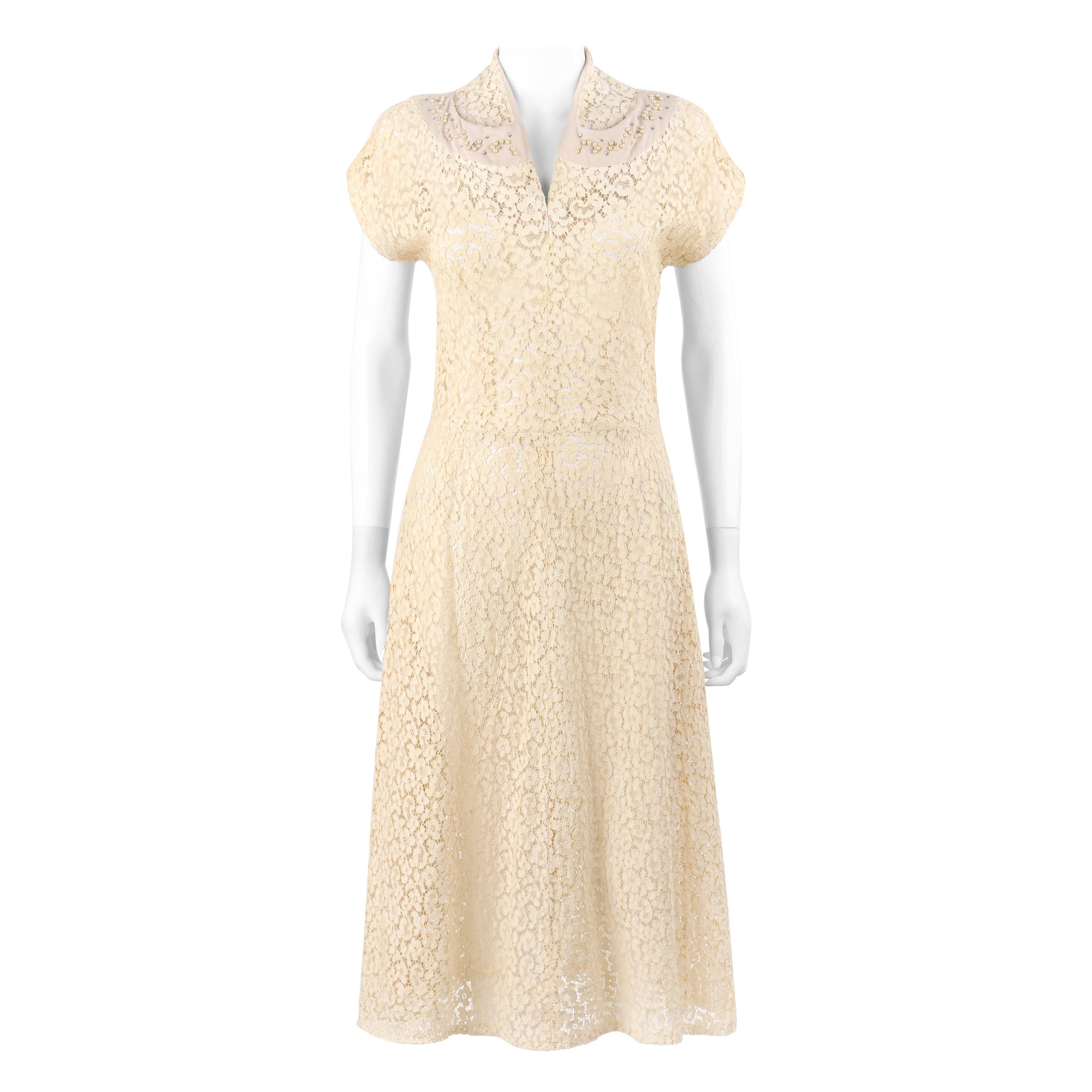 VINTAGE c.1940’s Ivory Tan Cotton Lace Beaded Applique Vent V-Neck Midi Dress  