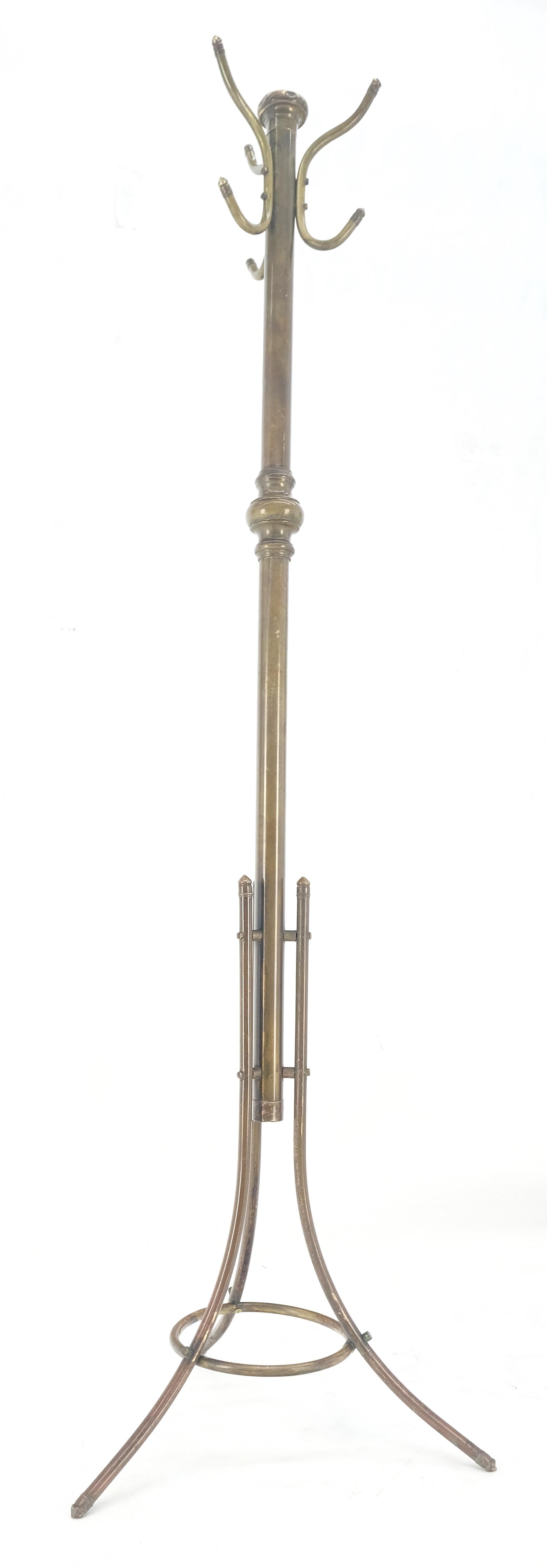 Vintage c1950s Solid Brass Tube Tripod Base Free Standing Coat Rack Nice Patina! For Sale 6