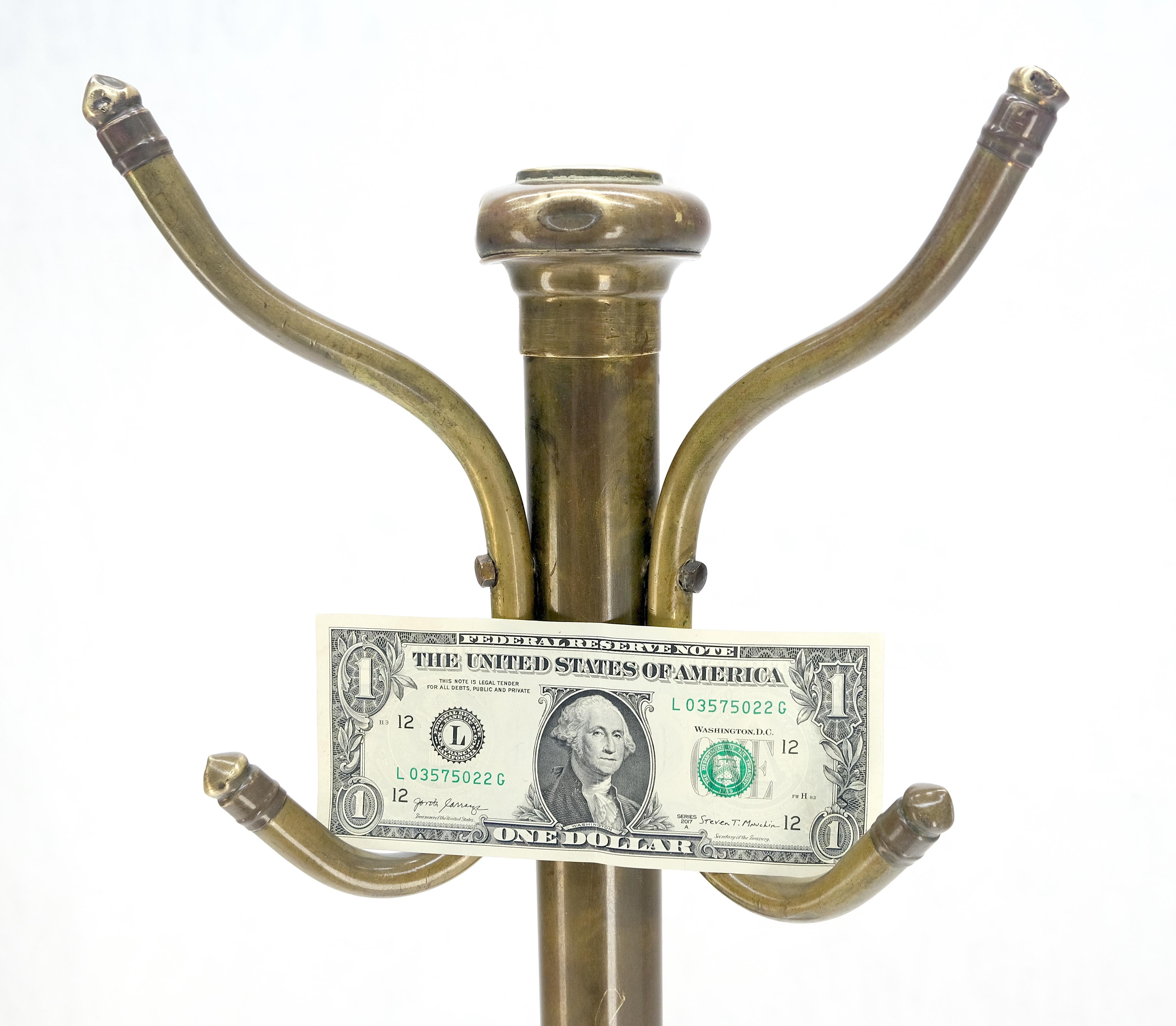 Vintage c1950s Solid Brass Tube Tripod Base Free Standing Coat Rack Nice Patina! For Sale 7