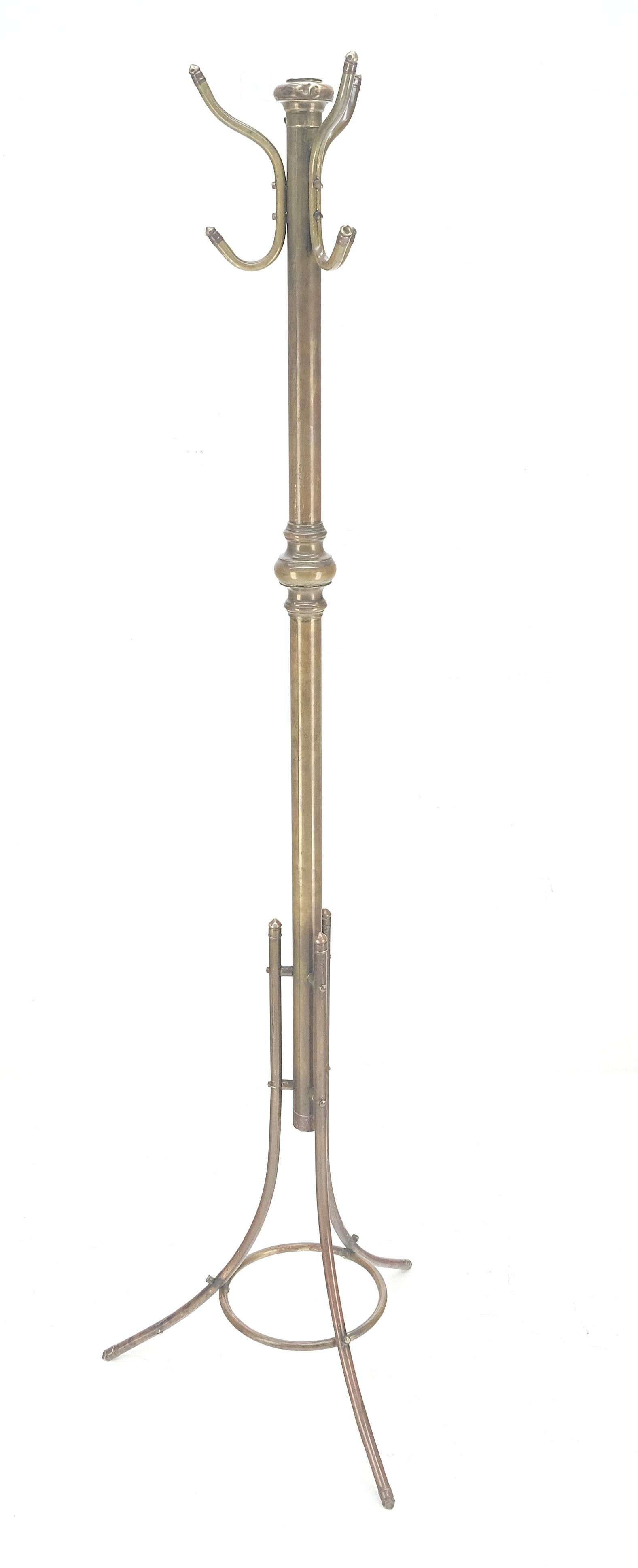 American Vintage c1950s Solid Brass Tube Tripod Base Free Standing Coat Rack Nice Patina! For Sale