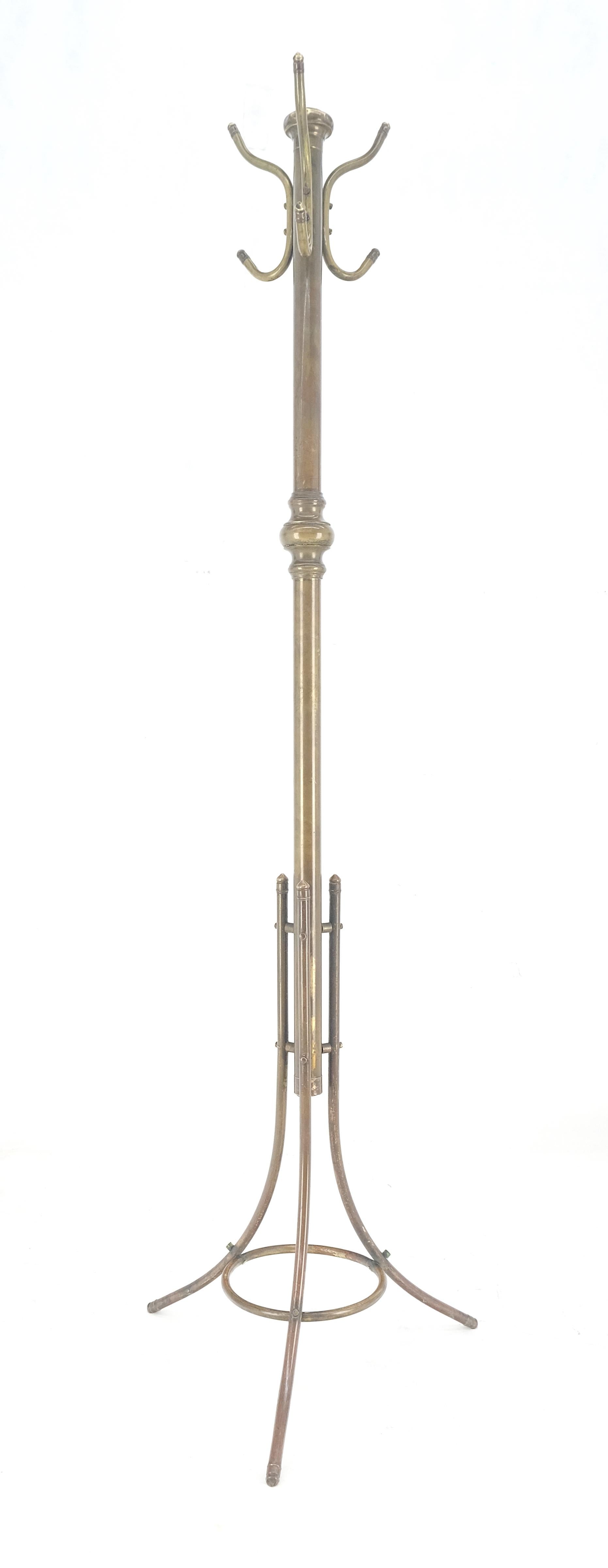 Vintage c1950s Solid Brass Tube Tripod Base Free Standing Coat Rack Nice Patina! In Good Condition For Sale In Rockaway, NJ
