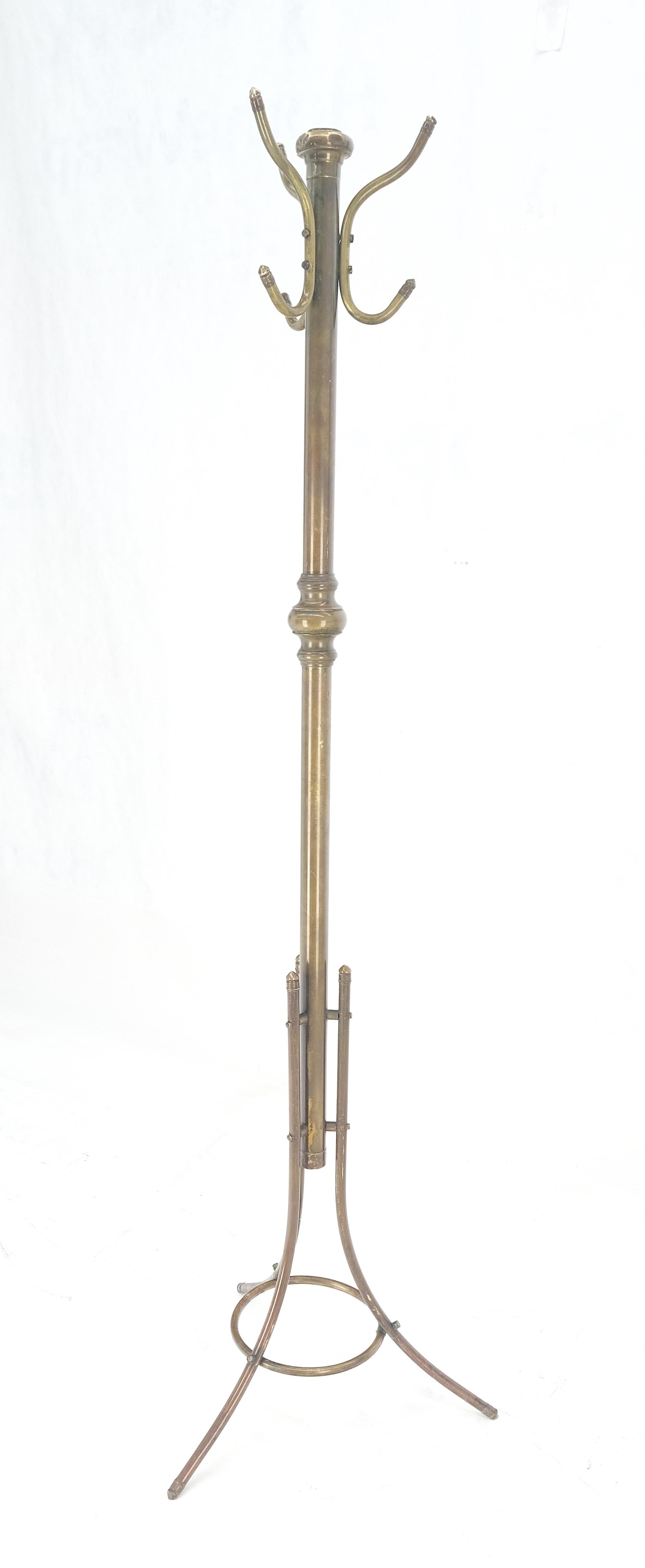 Vintage c1950s Solid Brass Tube Tripod Base Free Standing Coat Rack Nice Patina! For Sale 1
