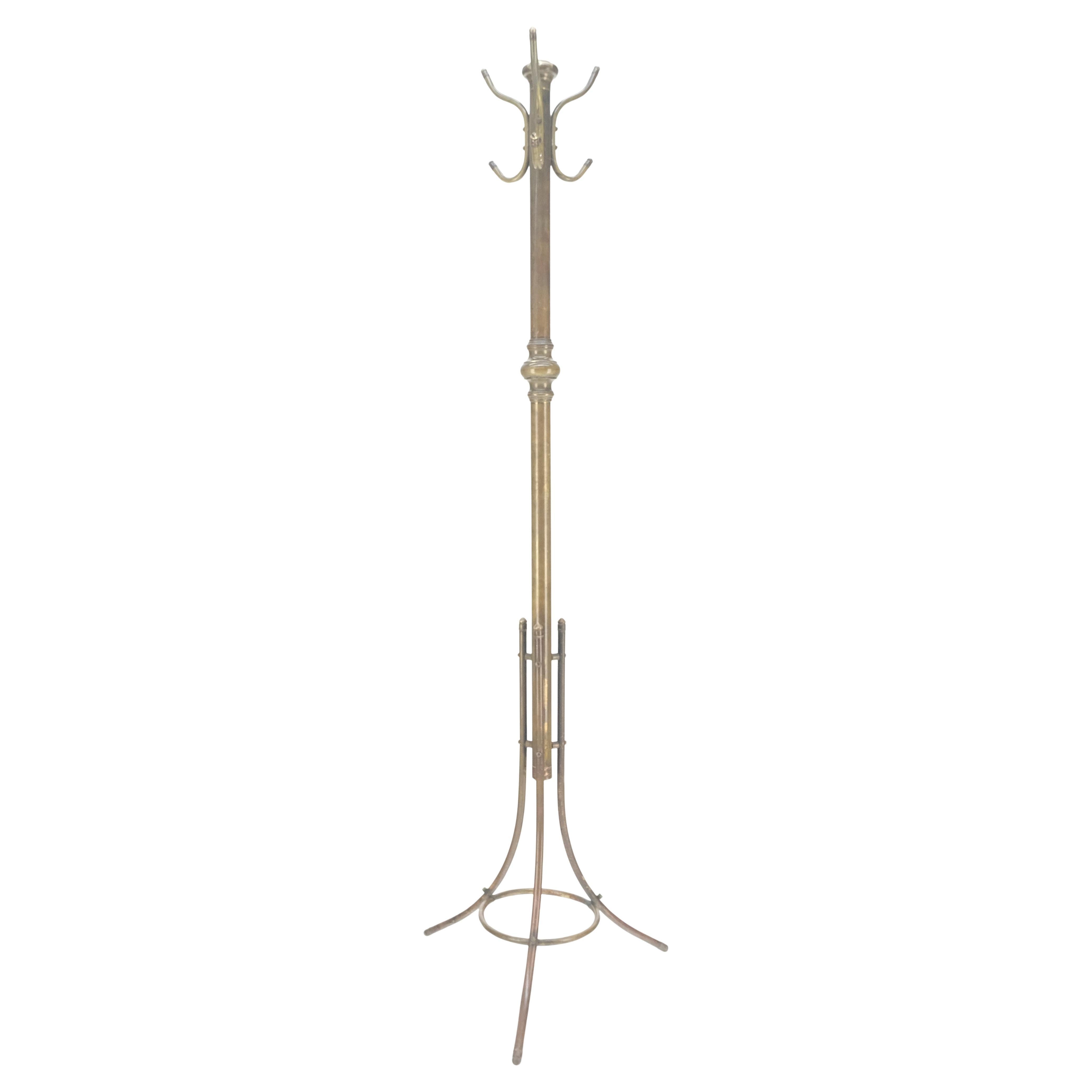 Vintage c1950s Solid Brass Tube Tripod Base Free Standing Coat Rack Nice Patina! For Sale