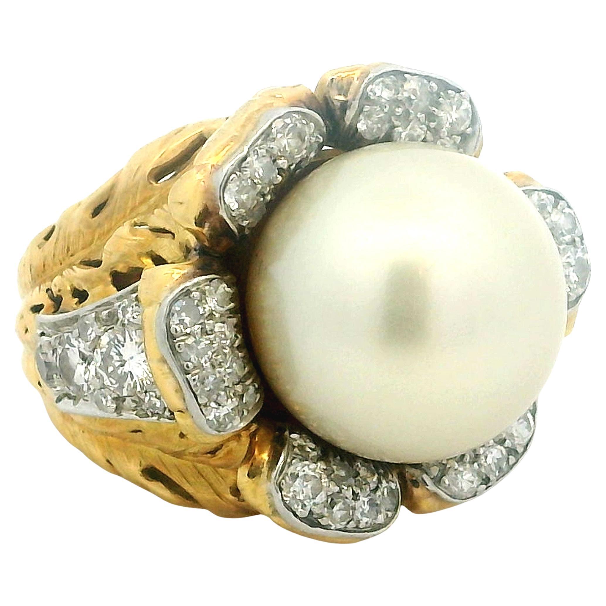 Vintage c.1970 18K Gold Südsee Perle und Diamant Cocktail Ring, 2.20 Karat