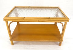 Vintage c1970s Bamboo Rattan Two Tier Rippled Glass Top Rectangle End Side Table