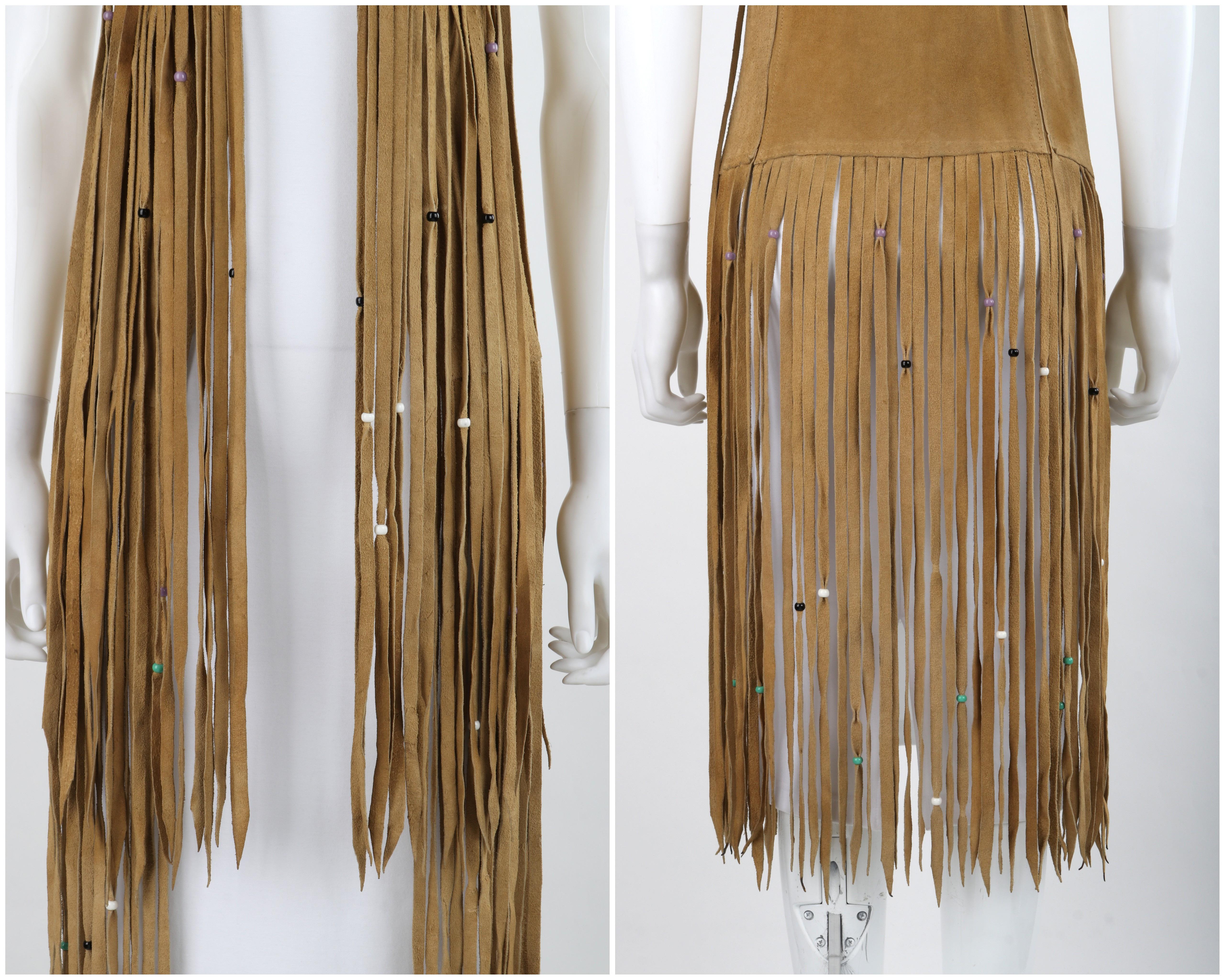 VINTAGE c.1970's Tan Suede Leather Beaded Long Fringe Tassel Open Vest Top For Sale 5