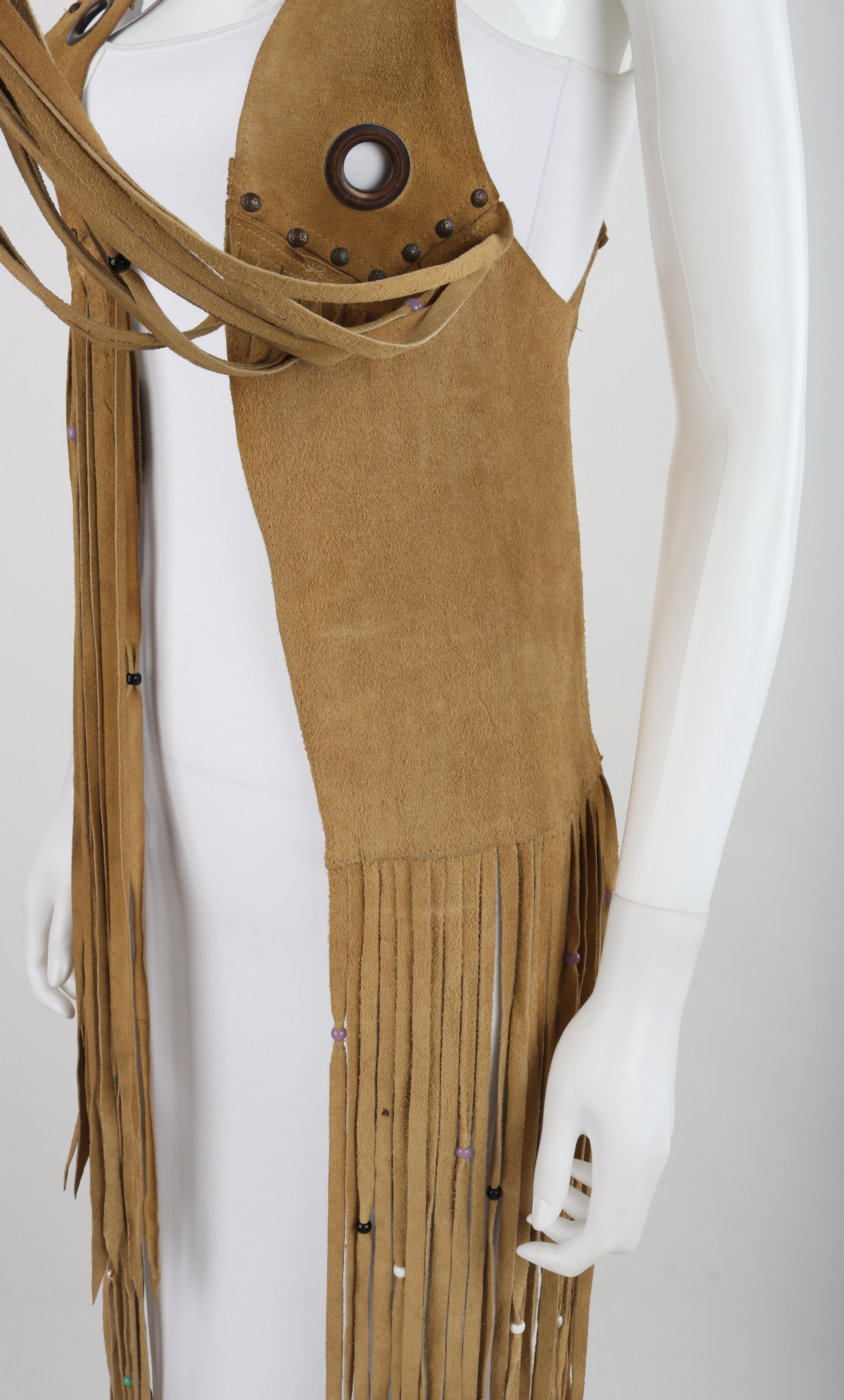 VINTAGE c.1970's Tan Suede Leather Beaded Long Fringe Tassel Open Vest Top For Sale 6