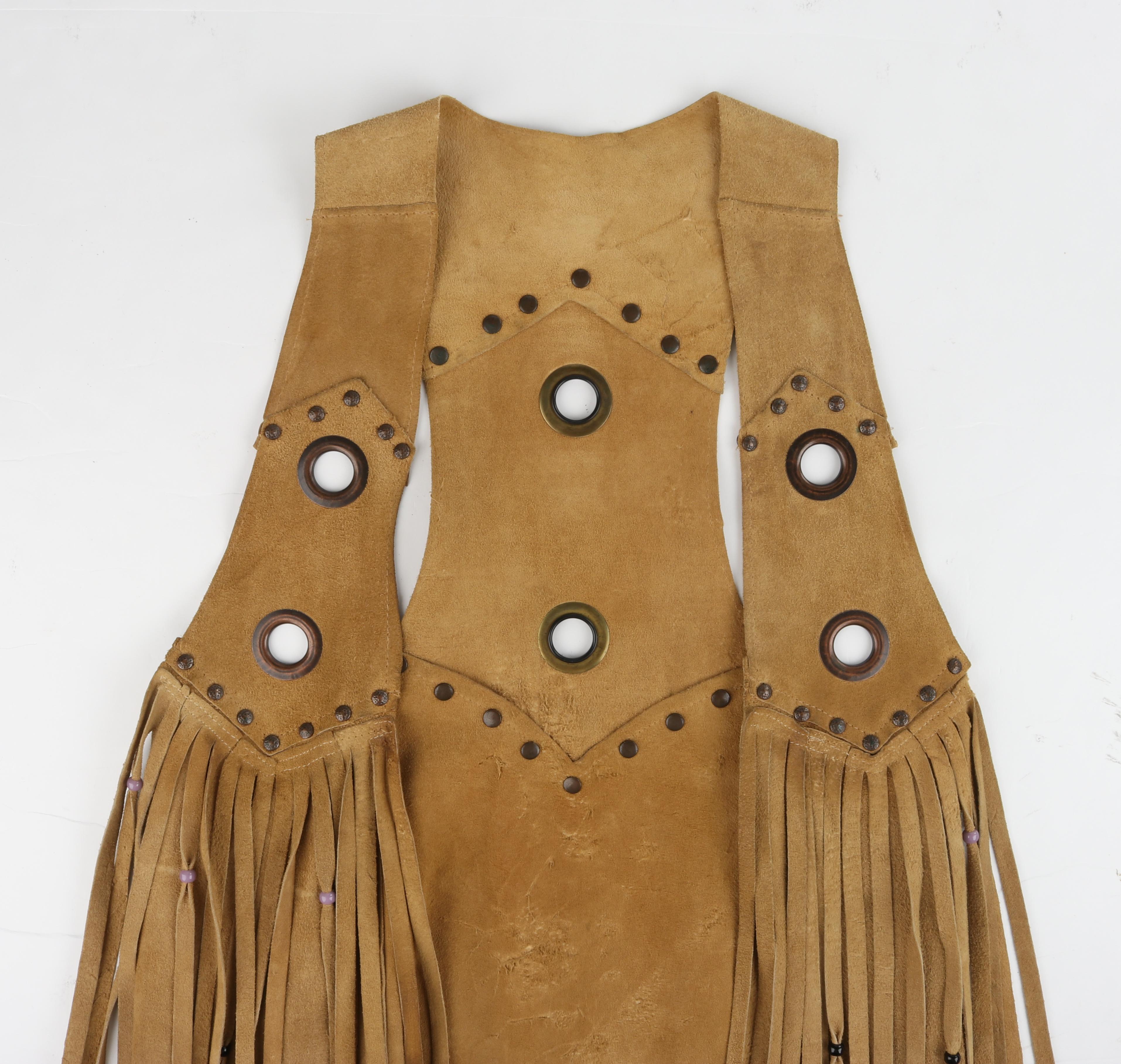 VINTAGE c.1970's Tan Suede Leather Beaded Long Fringe Tassel Open Vest Top For Sale 7