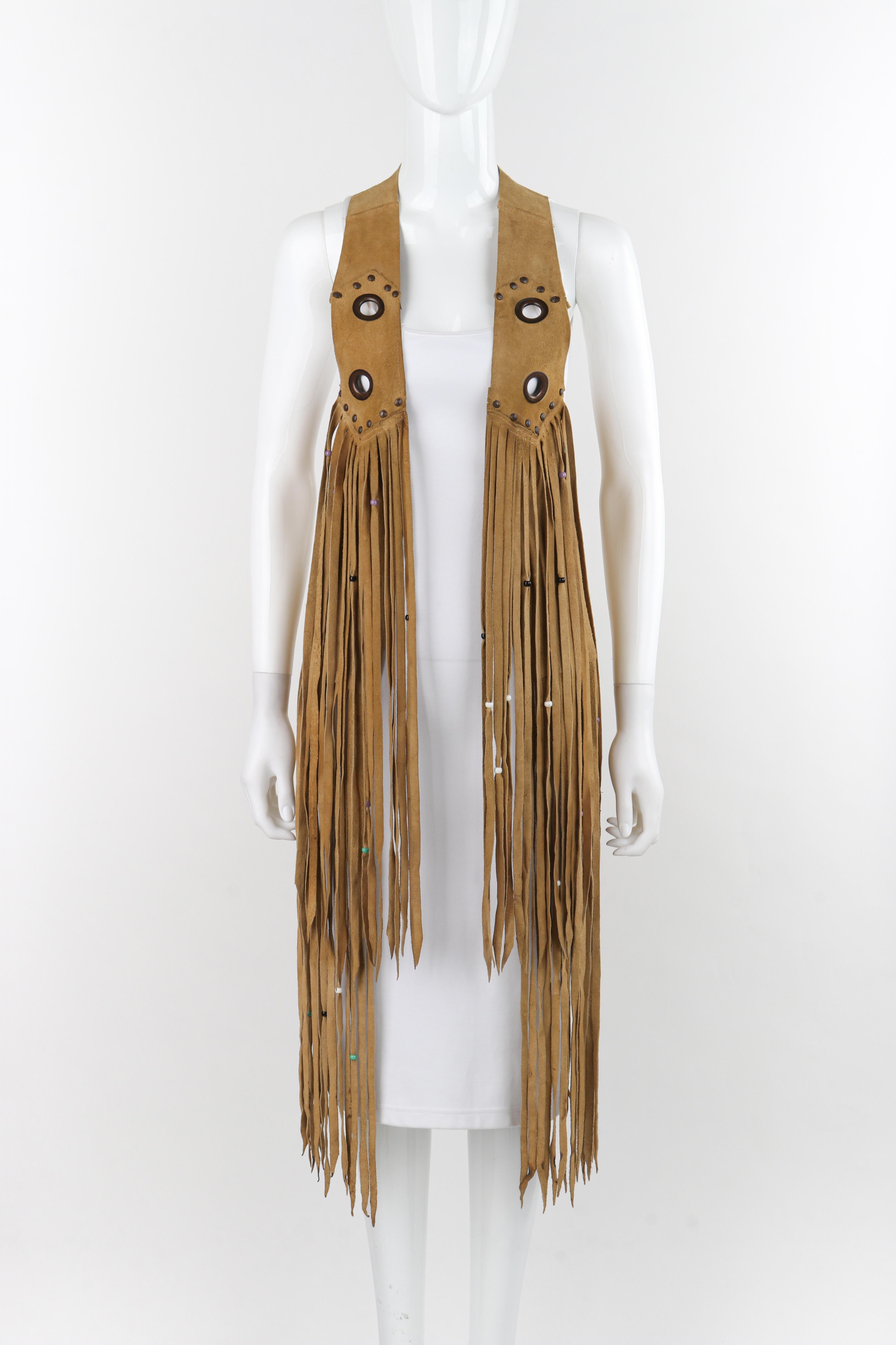VINTAGE c.1970's Vtg Tan Suede Leather Beaded Long Fringe Tassel Open Vest Top

Circa: 1970's
Style: Open vest
Color(s): Tan (material) / Pink, White, Black, Teal (beads) / Bronze (hardware)
Lined: No
Unmarked Fabric (feel of): Suede (fabric),