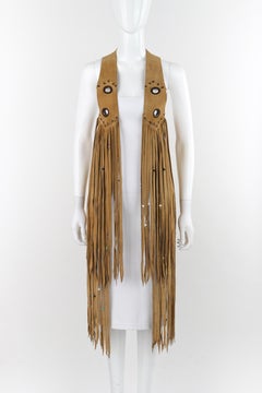 VINTAGE c.1970's Tan Suede Leather Beaded Long Fringe Tassel Open Vest Top