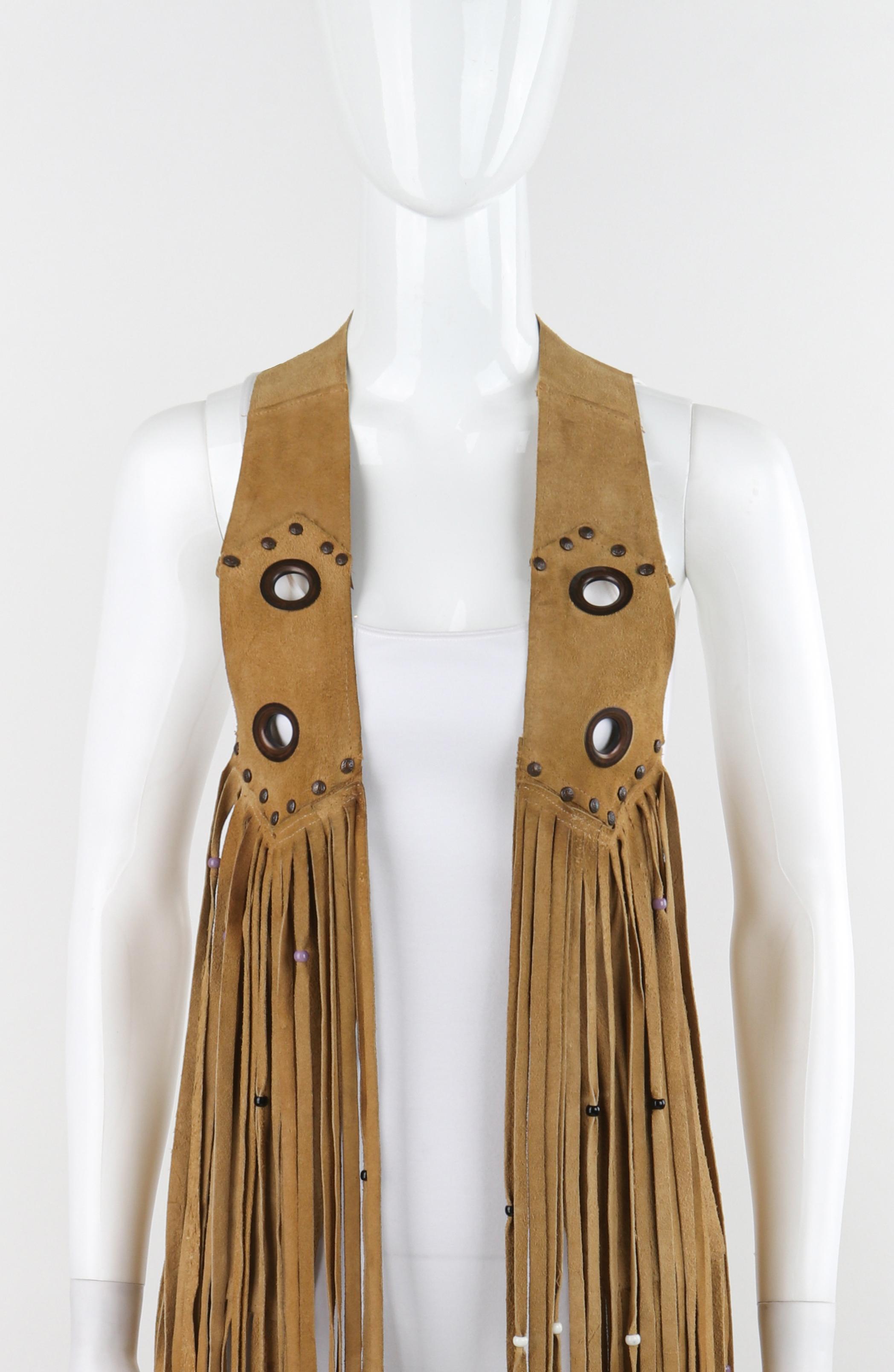Beige VINTAGE c.1970's Tan Suede Leather Beaded Long Fringe Tassel Open Vest Top For Sale
