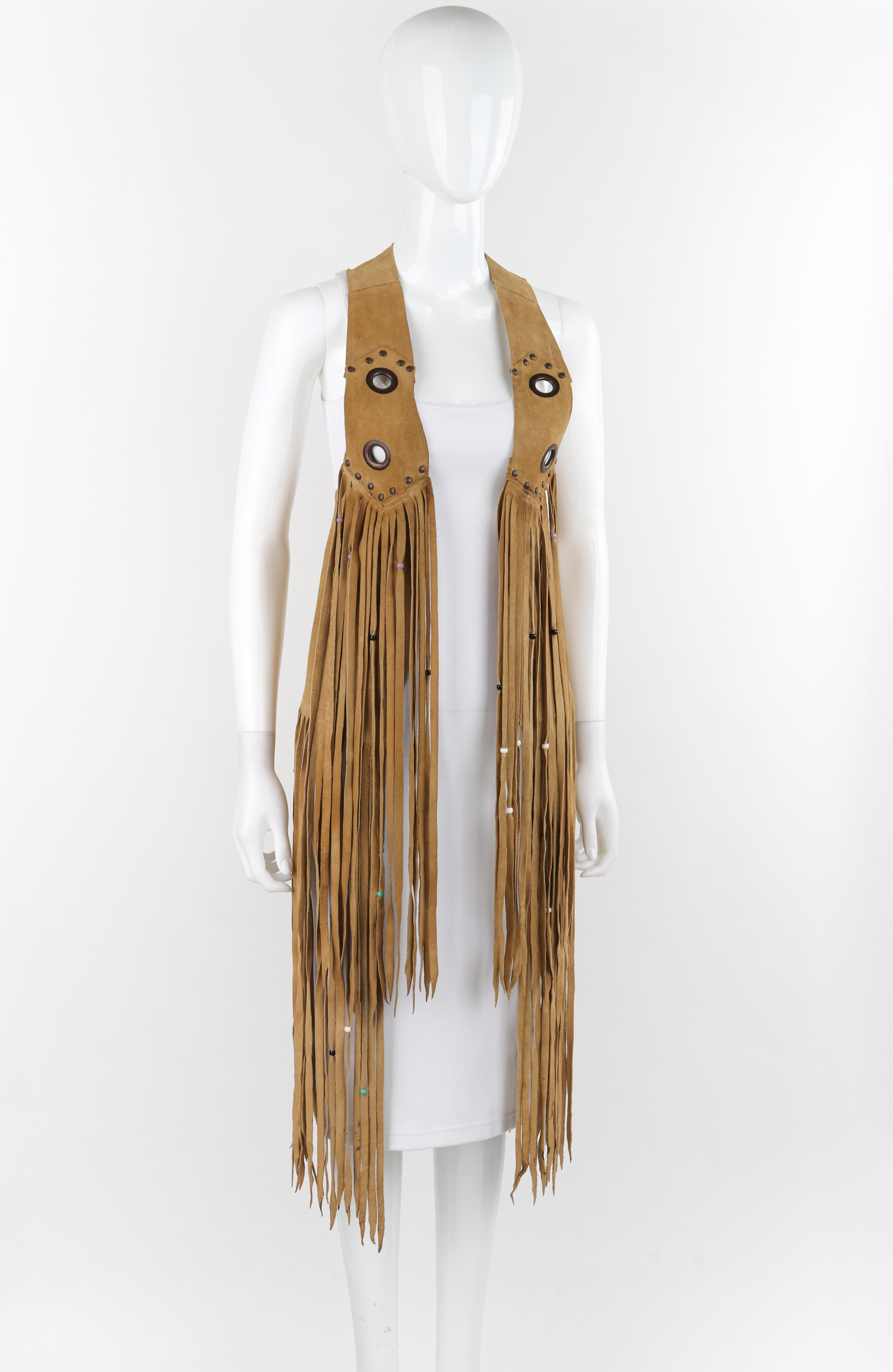 VINTAGE c.1970's Tan Suede Leather Beaded Long Fringe Tassel Open Vest Top In Good Condition For Sale In Thiensville, WI