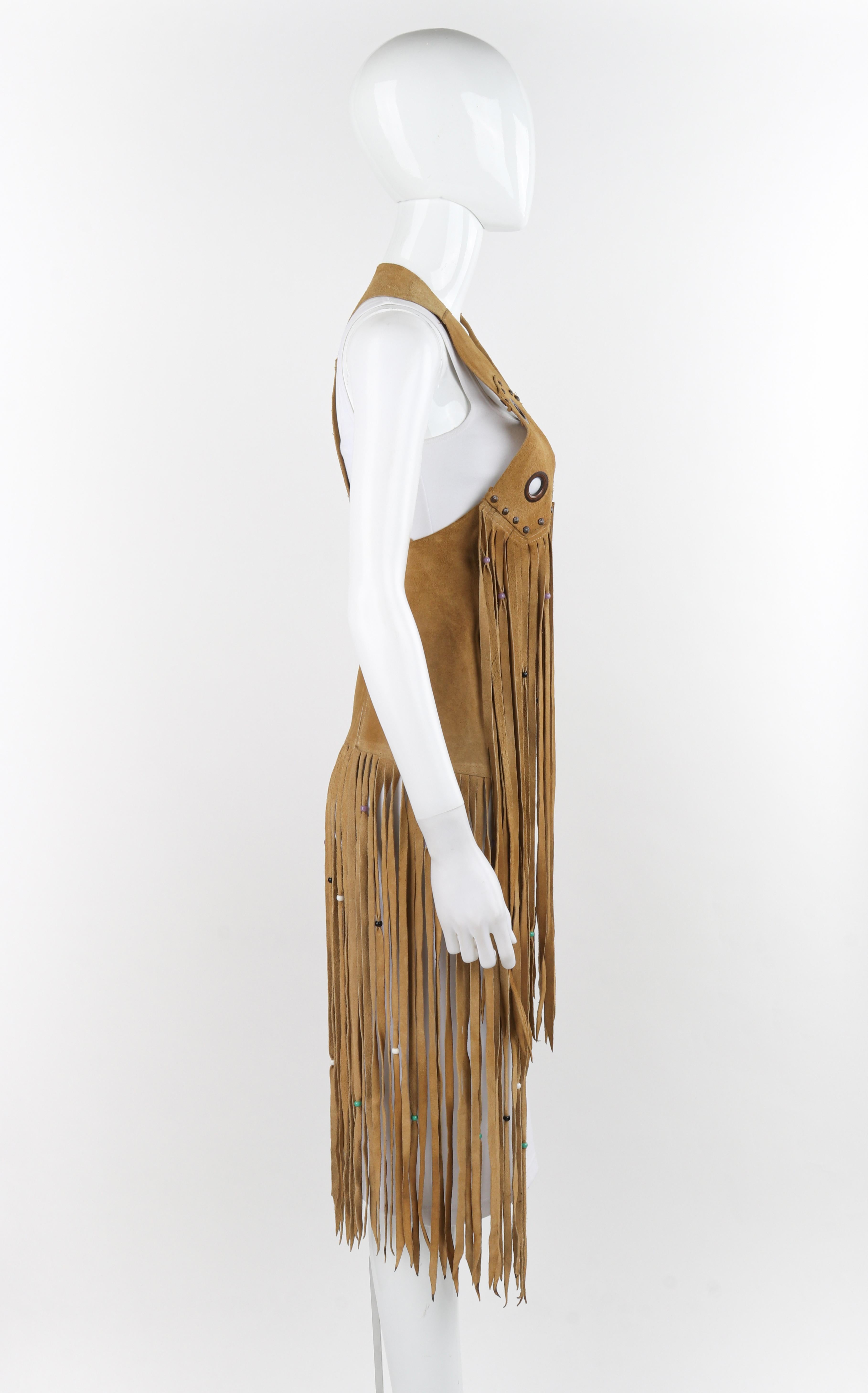 Women's VINTAGE c.1970's Tan Suede Leather Beaded Long Fringe Tassel Open Vest Top For Sale