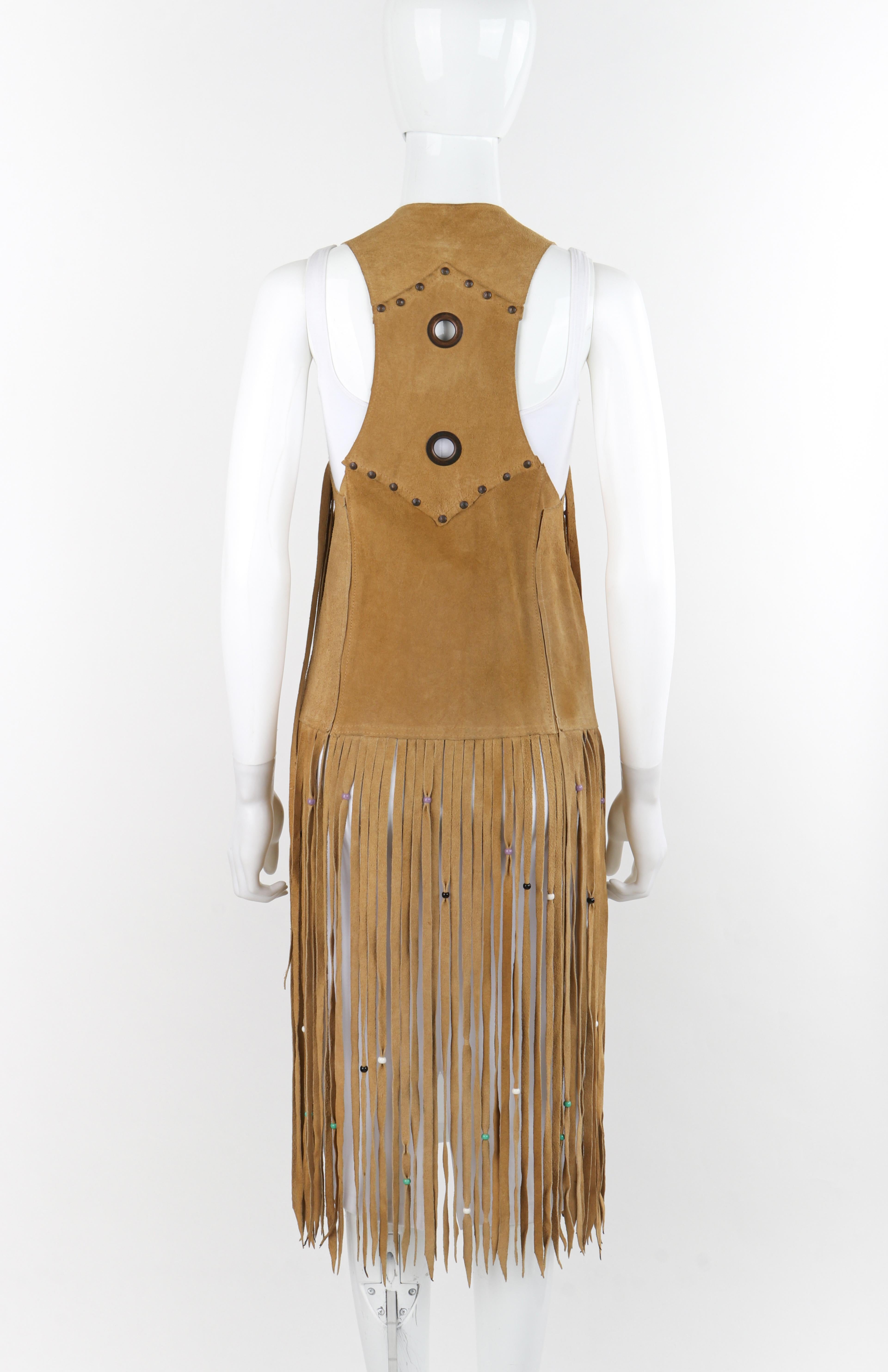 VINTAGE c.1970's Tan Suede Leather Beaded Long Fringe Tassel Open Vest Top For Sale 1