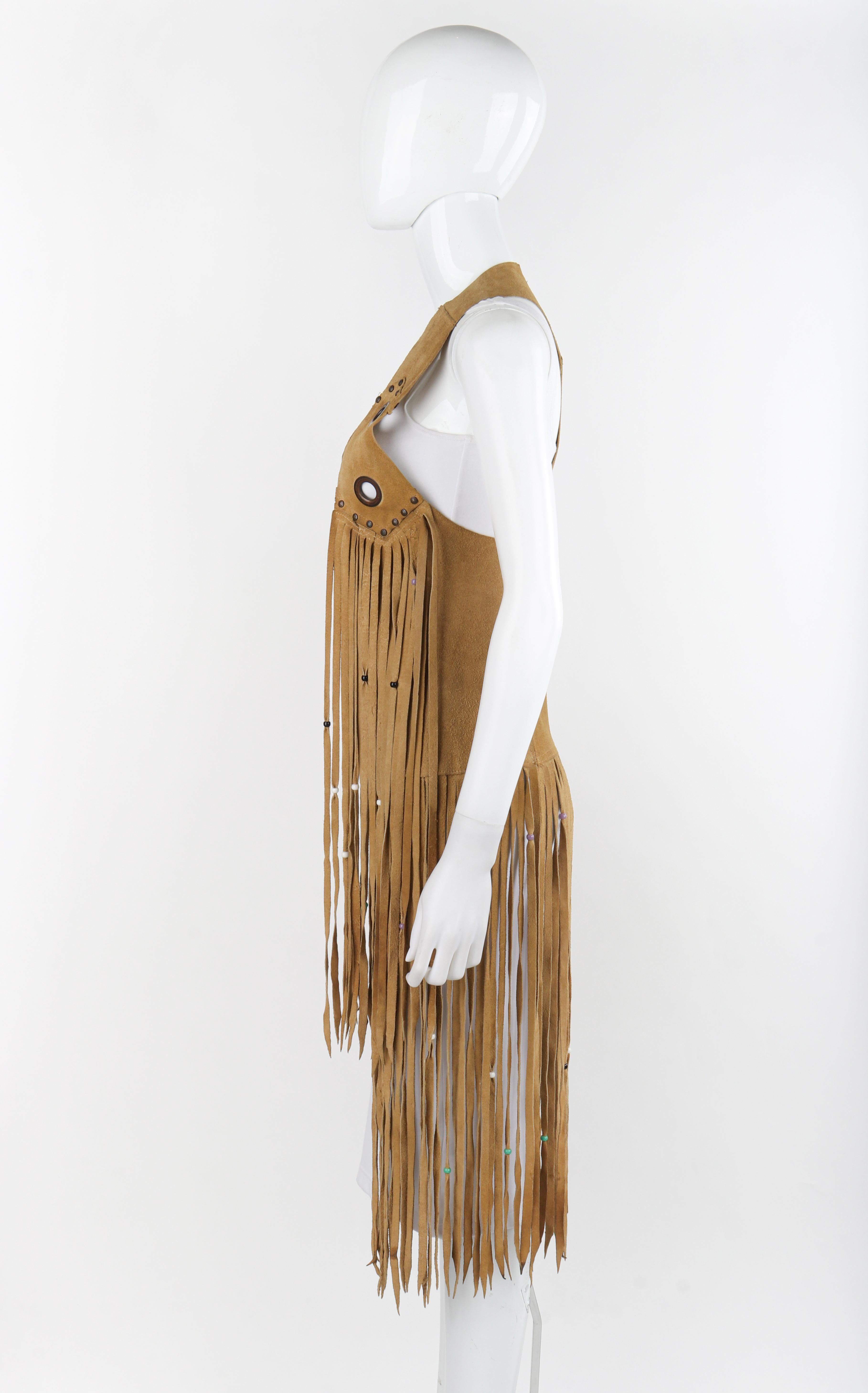 VINTAGE c.1970's Tan Suede Leather Beaded Long Fringe Tassel Open Vest Top For Sale 2