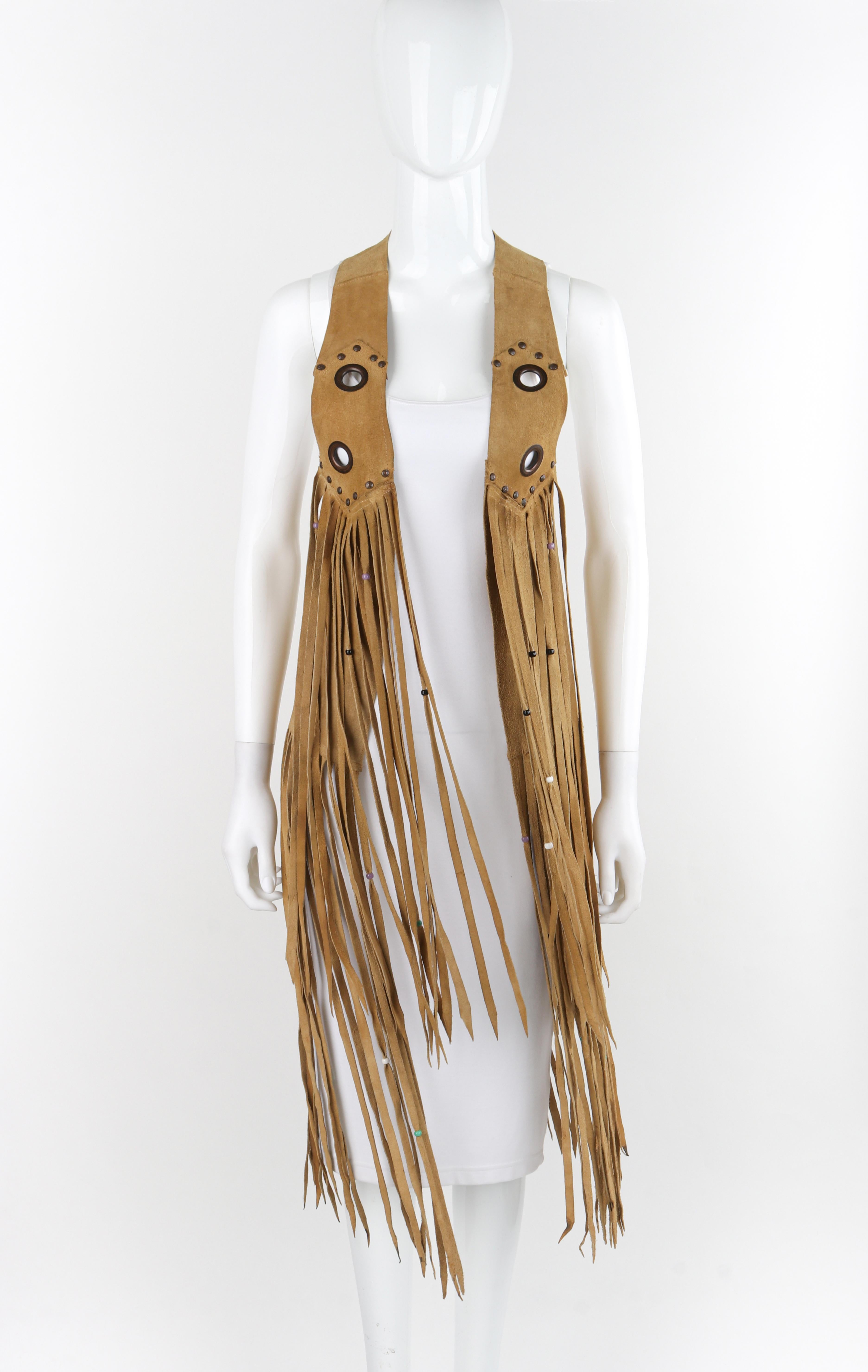 VINTAGE c.1970's Tan Suede Leather Beaded Long Fringe Tassel Open Vest Top For Sale 3