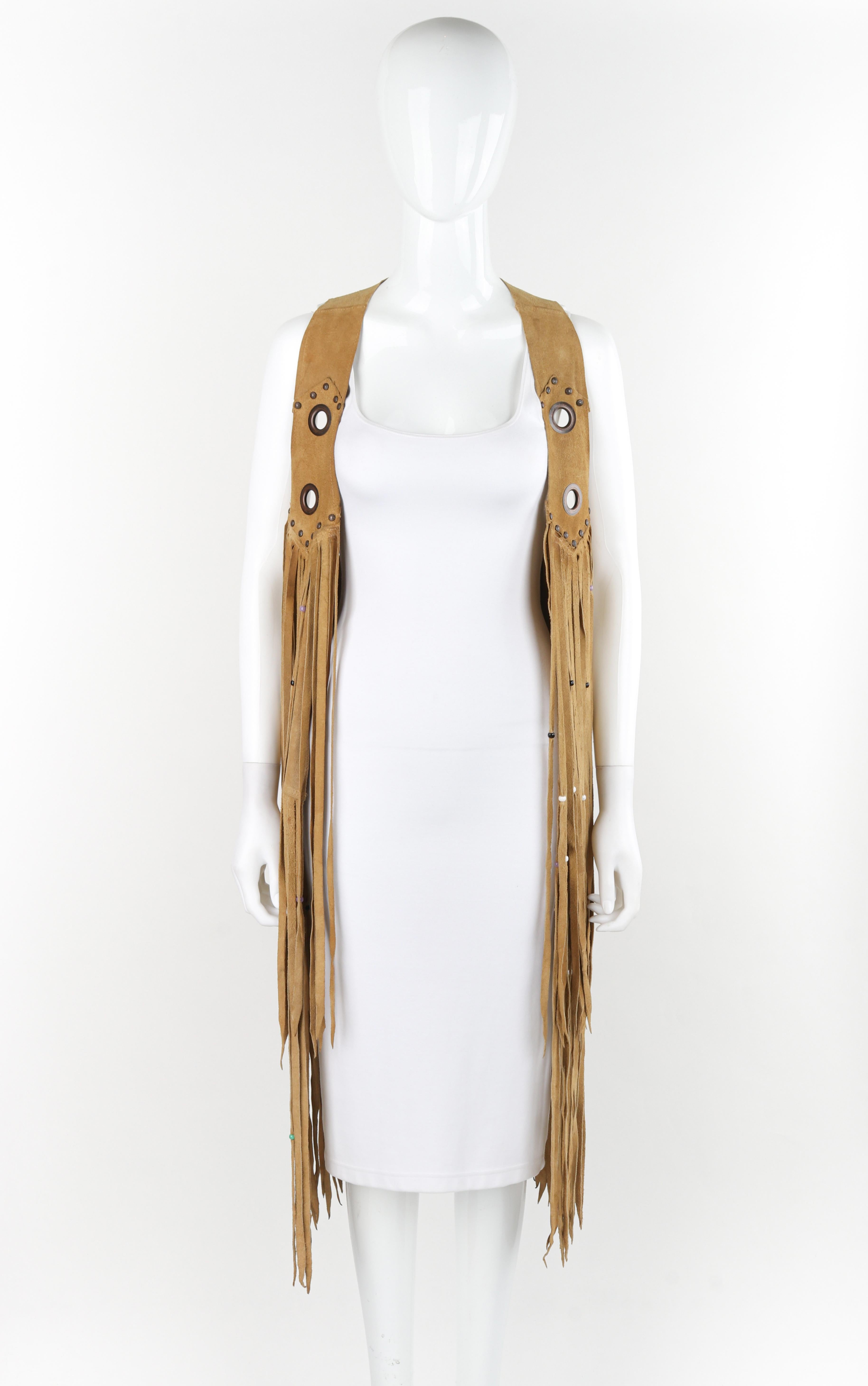 VINTAGE c.1970's Tan Suede Leather Beaded Long Fringe Tassel Open Vest Top For Sale 4